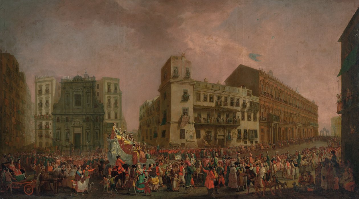 Karneval v Neapoli v roce 1778 s průvodem „Cavalcata turca“ přes Largo di Palazzo, kolem roku 1778 od Pietro Fabris