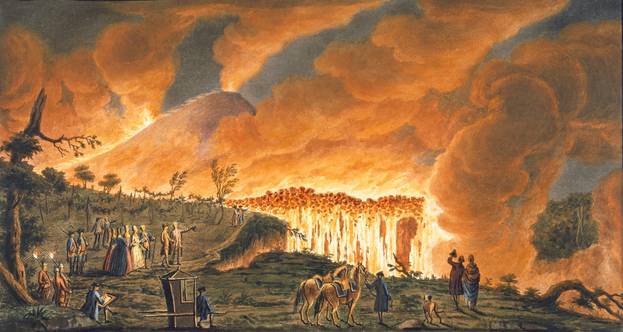 Pohled na Hamiltona doprovázejícího jejich sicilská veličenstva 11. května 1771, aby pozoroval proud lávy z velké erupce Vesuvu , deska 38 z "Campi Phlegraei: Observations on Volcanoes of th od Pietro Fabris