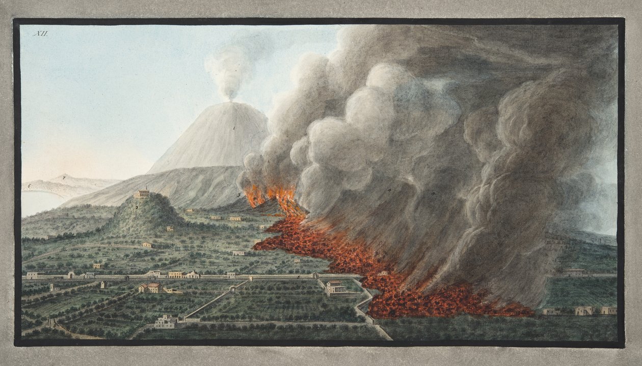 Pohled na erupci Vesuvu, která začala 23. prosince 1760 a skončila 5. ledna 1761, deska 12 z „Campi Phlegraei: Observations on the Volcanoes of the Two Sicilies“, od Sira Williama Hama od Pietro Fabris