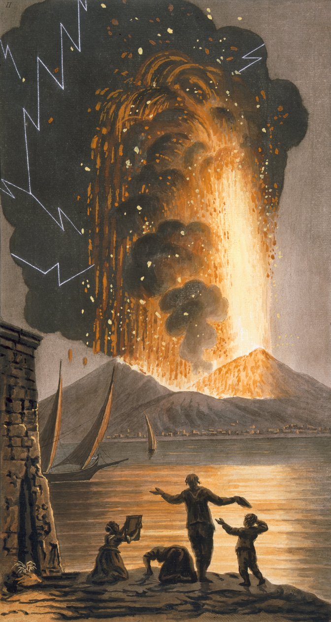 Pohled na velkou erupci Vesuvu v neděli večer 8. srpna 1779 z paláce Jeho sicilského Veličenstva v Posillipo, deska II, vydáno 1779 (ručně kolorovaná rytina) od Pietro Fabris