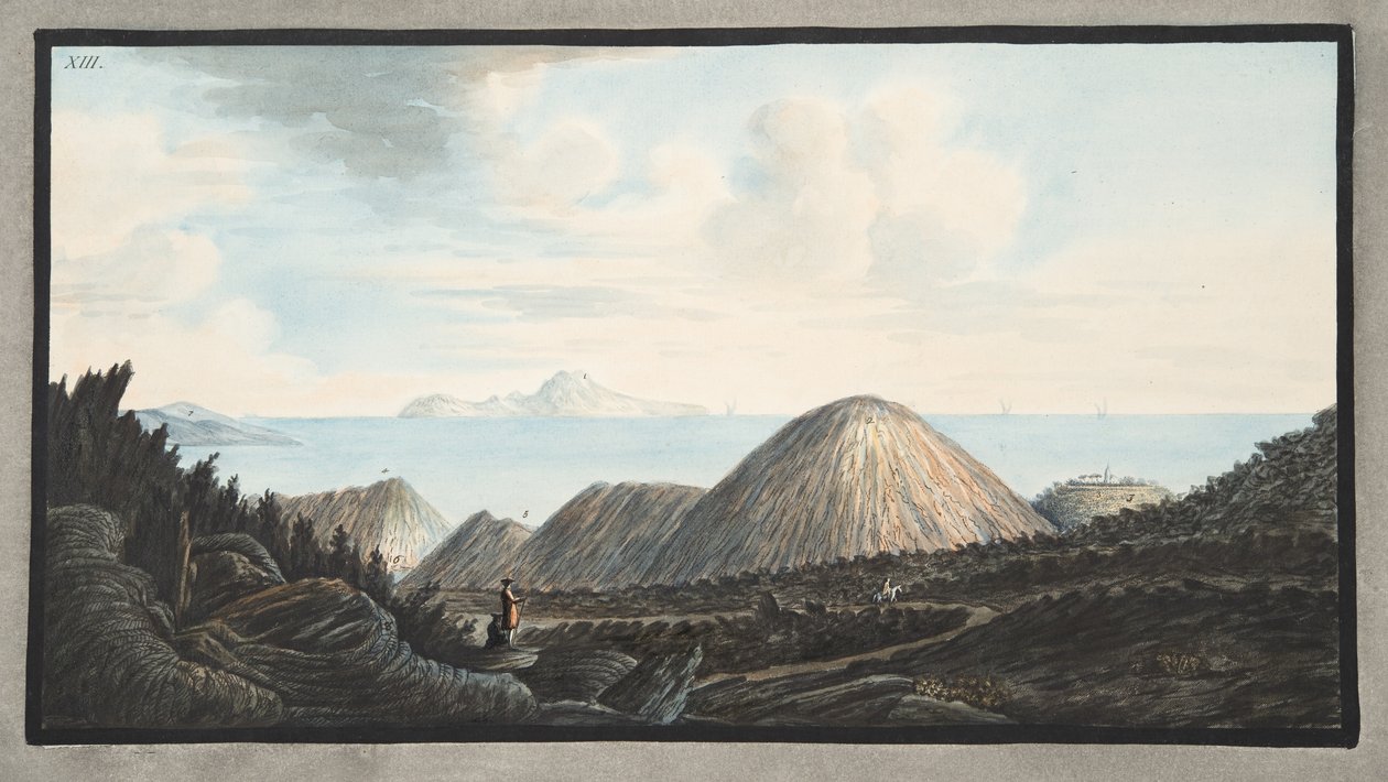 Pohled na současný stav malé hory zvednuté výbuchem v roce 1760, deska XIII, z „Campi Flegrei: Pozorování sopek na dvou Sicílii“, od Sira Williama Hamiltona od Pietro Fabris