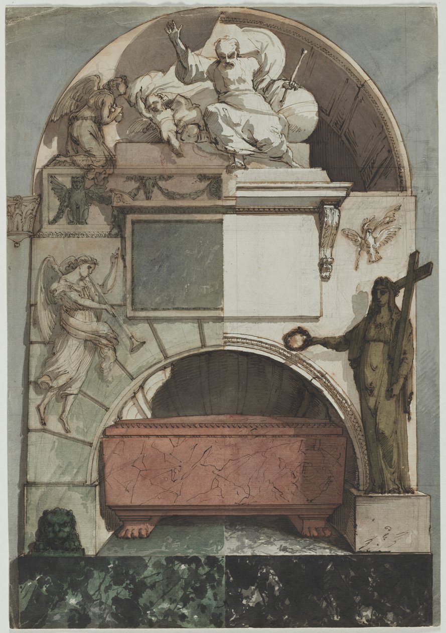Návrh fresky umělcovy hrobky v Certosa v Bologni (recto) od Pietro Fancelli
