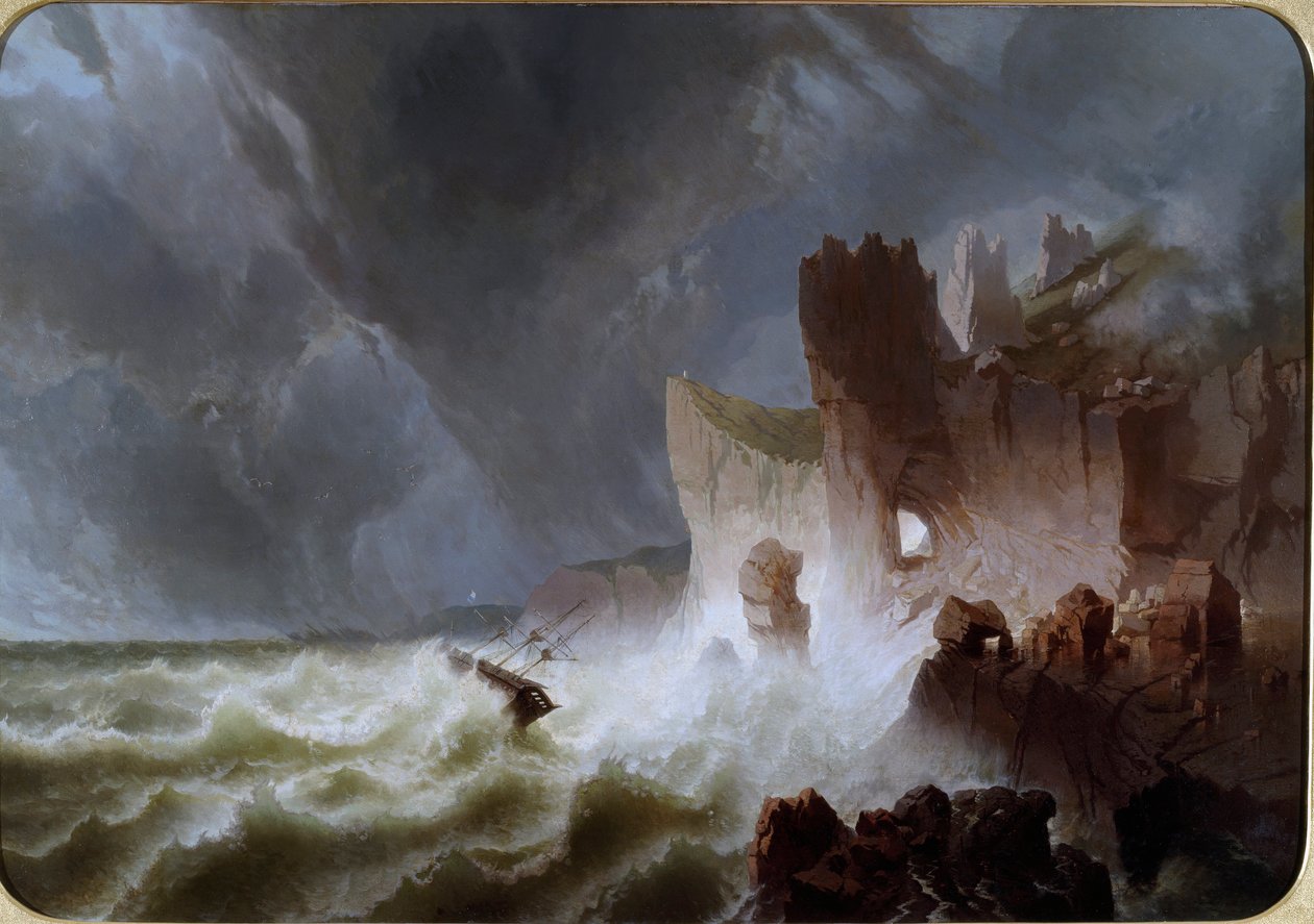 Lido solitario Mořská krajina s lodí zachycenou bouří a zřícenou na útesy. Obraz Pietro Giuria (19. století) Rozm. 140x200 cm Genes Nervi, Galleria d