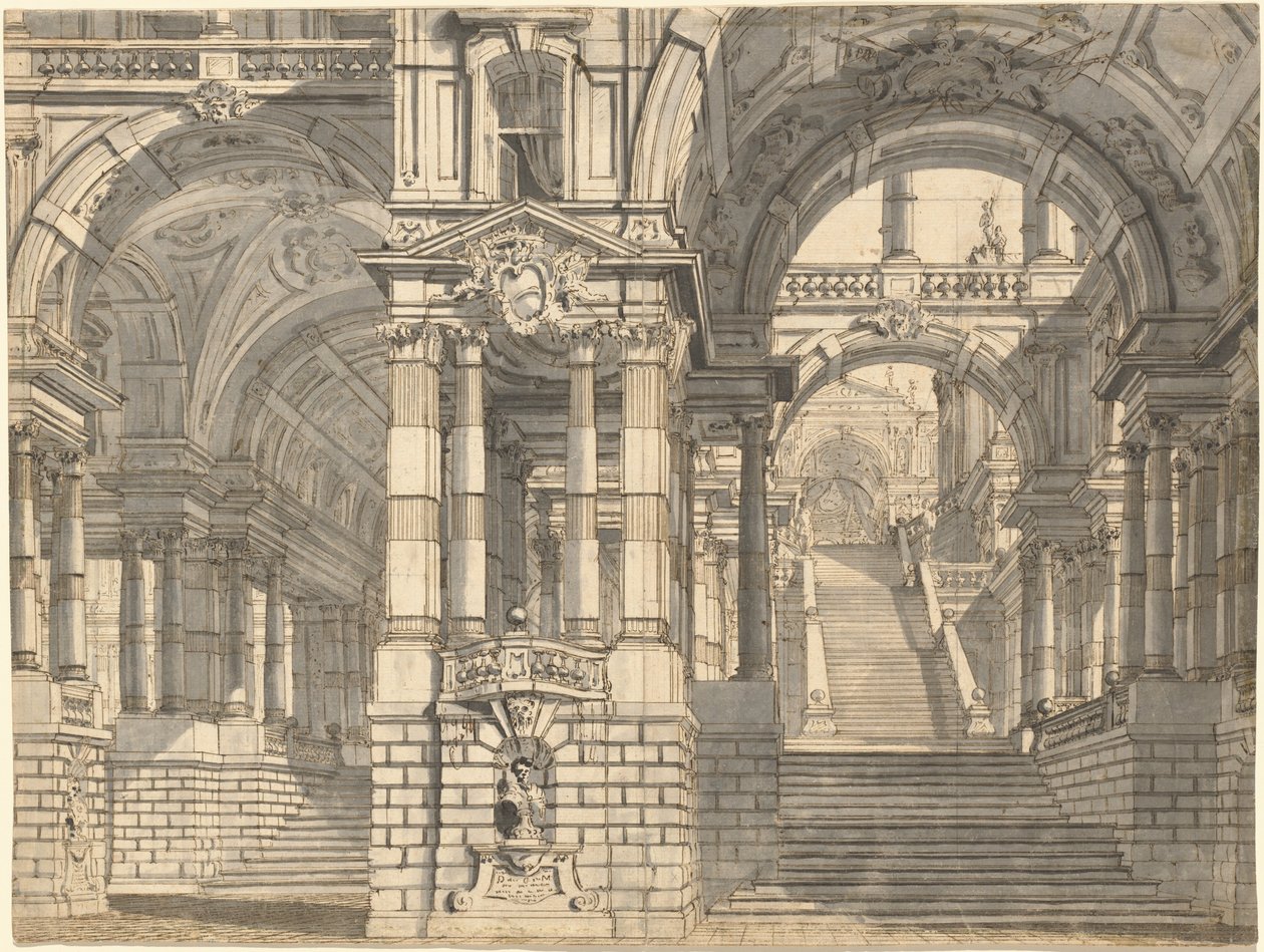 Fantazie velkolepých nádvoří a lodžie s monumentálním schodištěm od Pietro Gonzaga
