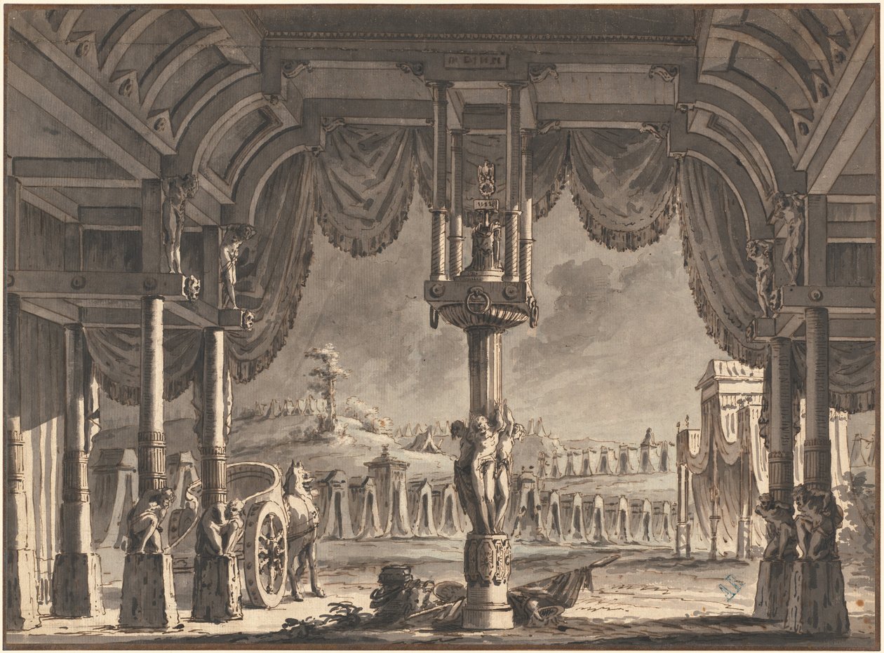 Scénický návrh starověkého římského tábora v noci (recto) od Pietro Gonzaga