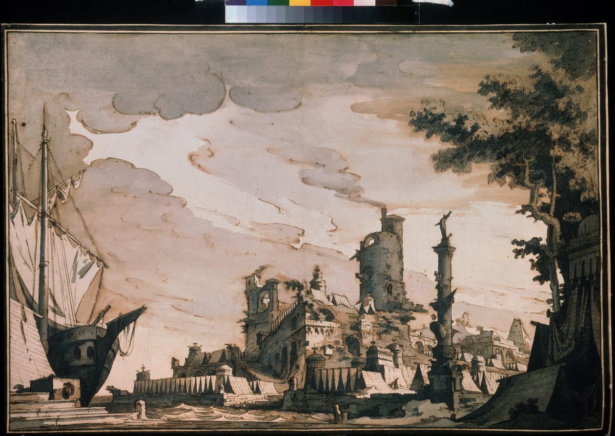 ""Pohled na přístav"" Divadelní výzdoba. Akvarel Pietro di Gottardo Gonzaga (1751-1831) 1818. Akvarel a tuš na papíře. Moskva, Puškinovo muzeum od Pietro Gonzaga