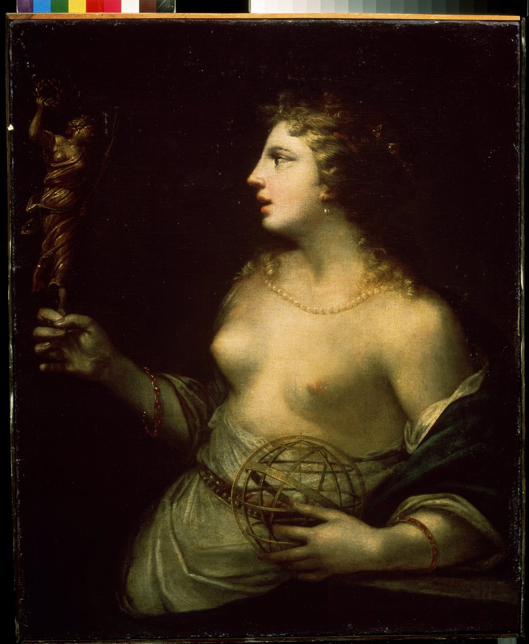 ""Urania"" (Urania) reprezentace ochranné múzy astronomie a astrologie, držící ruku na kouli. Obraz Pietra Liberiho (1614-1687) Muzeum umění Michaila Krošitského ze 17. století, Sevastopol (Sevastopol) Ukrajina od Pietro Liberi