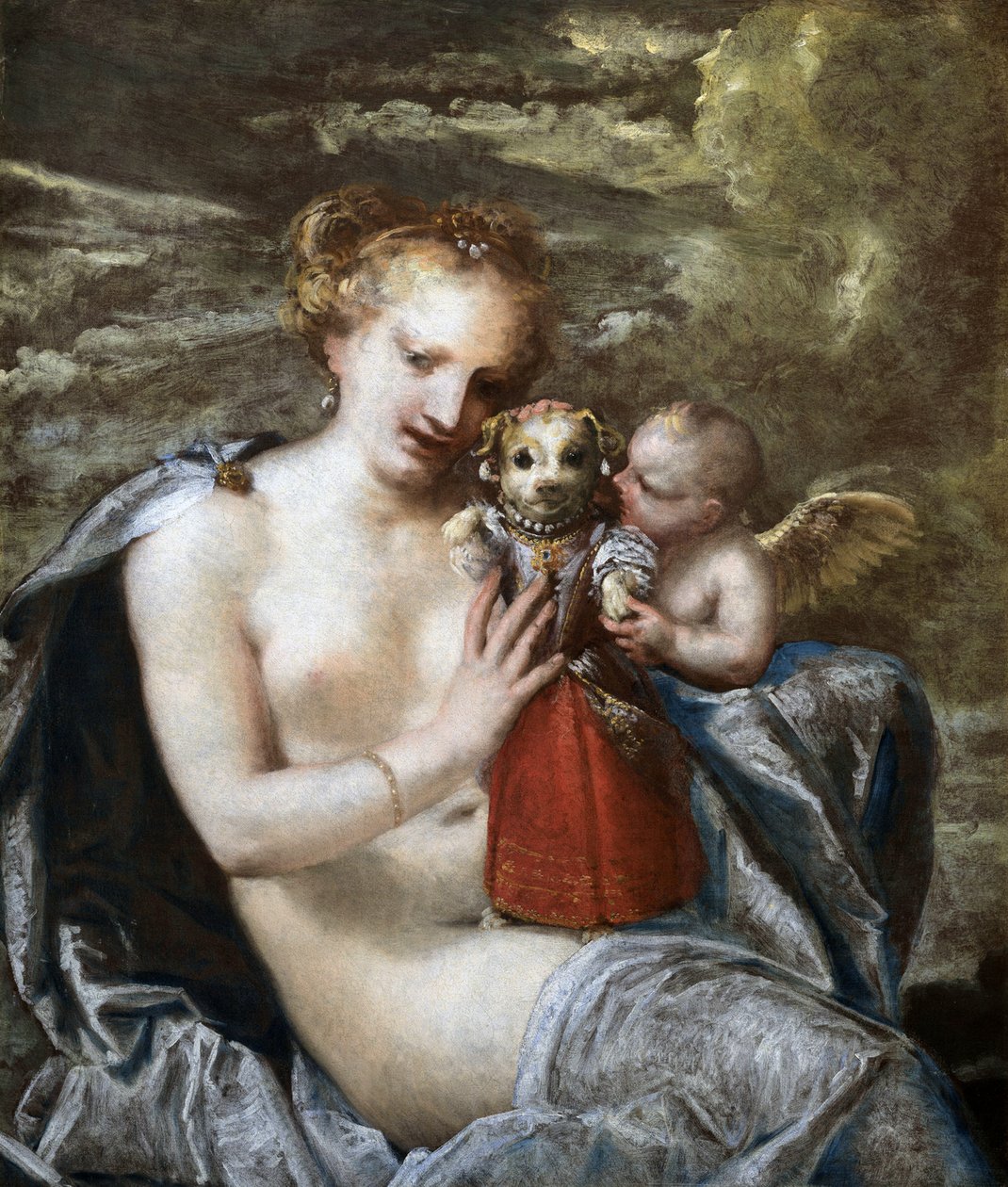 Venuše, Cupid a malý pes oblečený jako dítě. od Pietro Liberi
