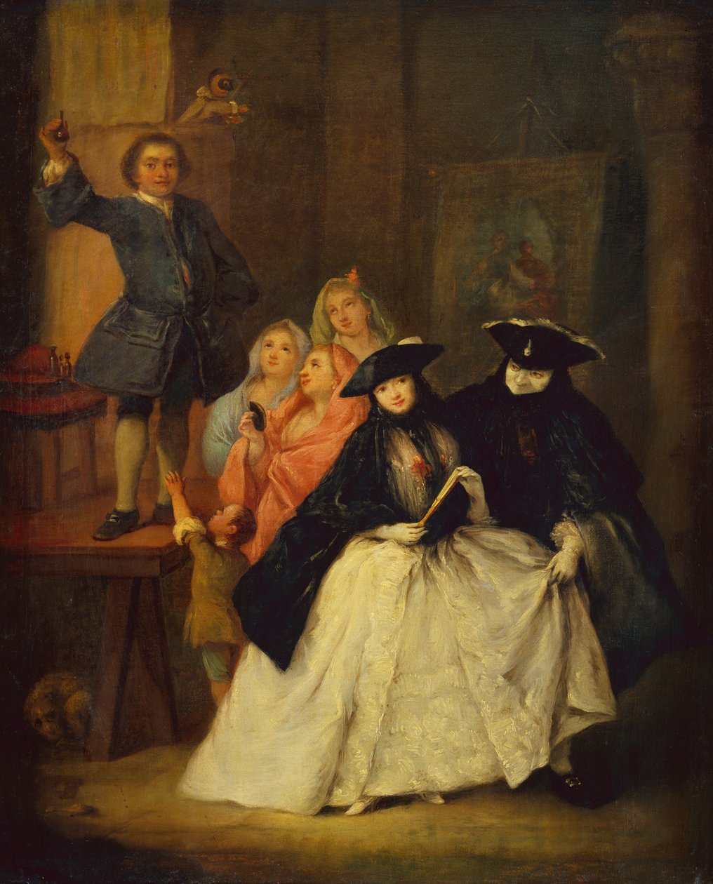 Šarlatán na plošině s maškarními postavami v popředí (olej na plátně) od Pietro Longhi