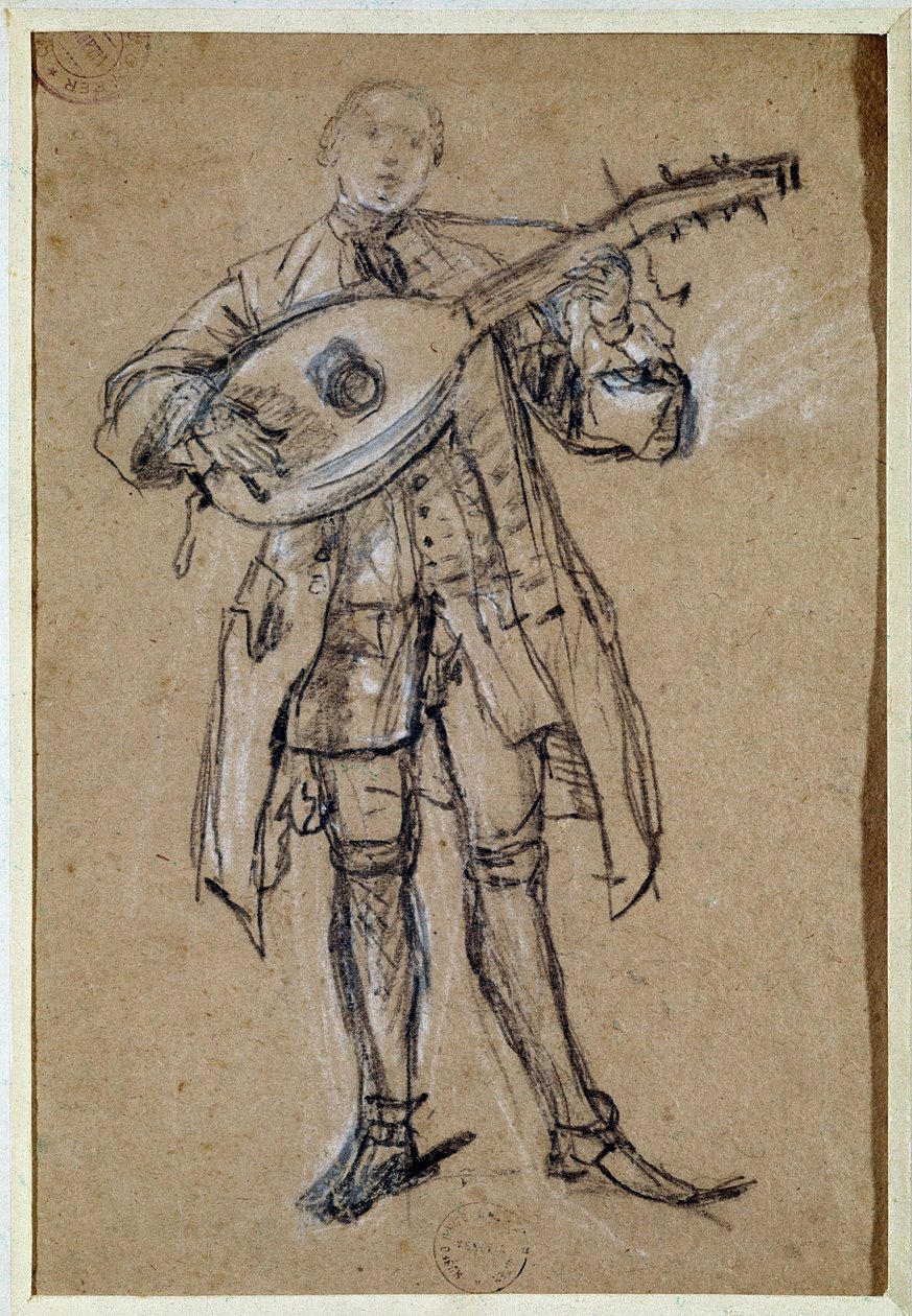 A Kytarista (hráč na kytaru) Kresba Pietra Longhiho (1702-1785) Benátky, Musee Correr od Pietro Longhi