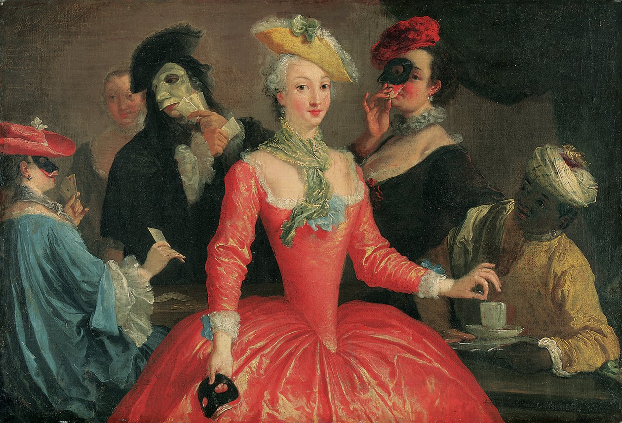 Elegantní společnost v maškarním kostýmu bere kávu a hraje karty od Pietro Longhi