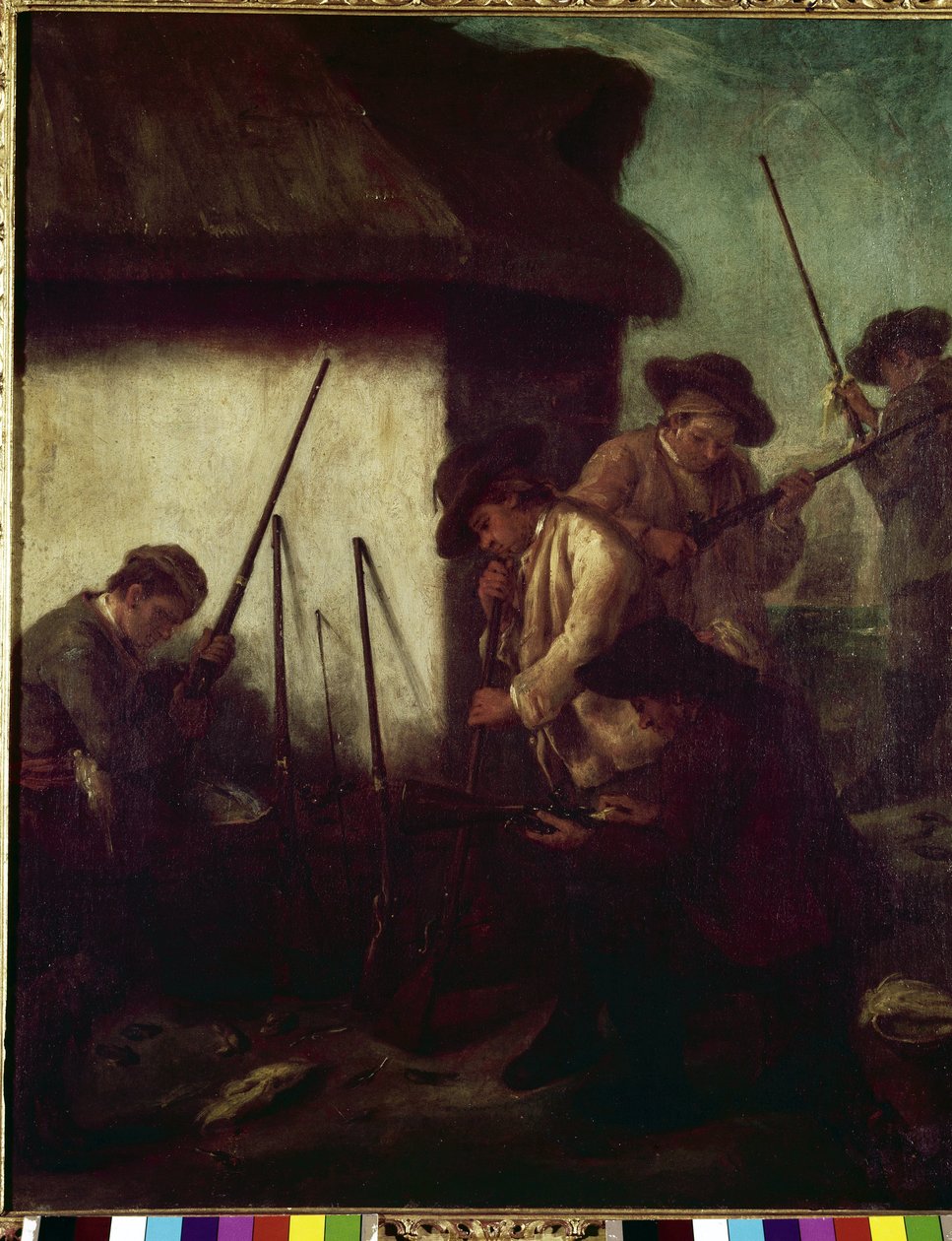 Lov v údolí: příprava zbraní - Malba Pietra Longhiho (1702-1785), olej na plátně, 61x50 cm od Pietro Longhi