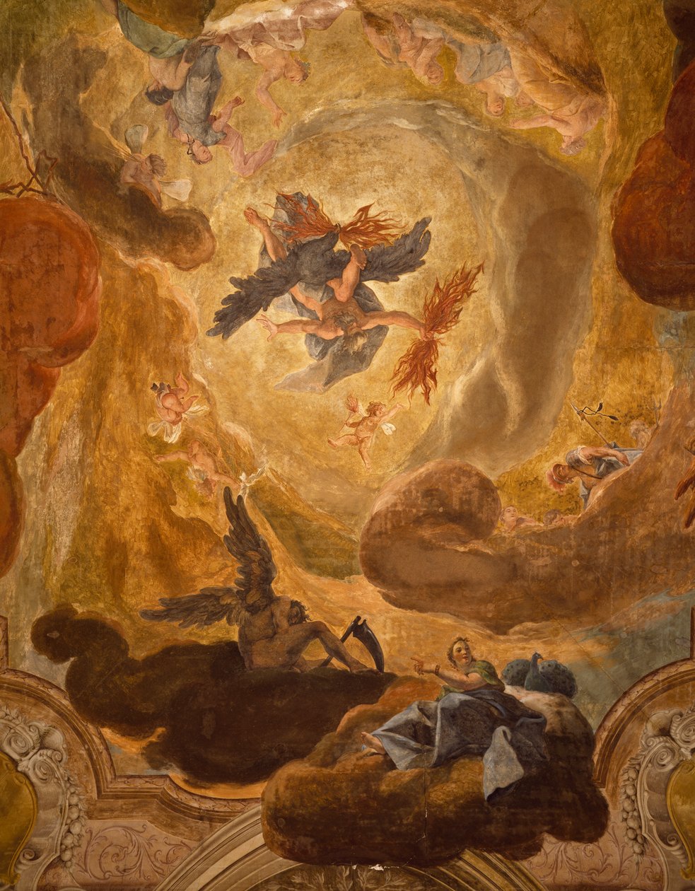 Itálie, Benátky, Velké schodiště v Palazzo Sagredo, pád obrů, freska od Pietra Longhiho od Pietro Longhi