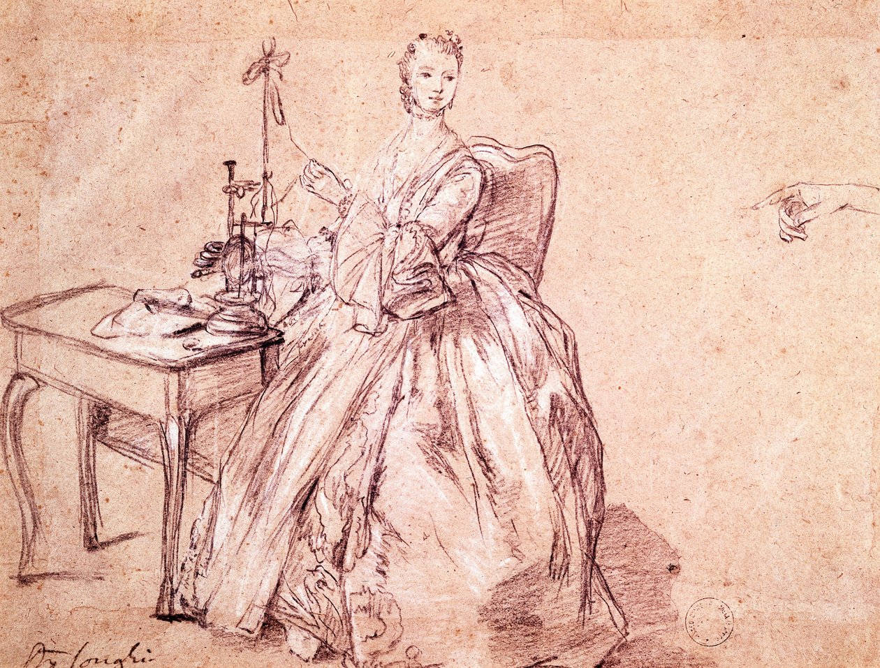 Lady spřádací nit, Pietro Longhi (1701-1785), kresba od Pietro Longhi