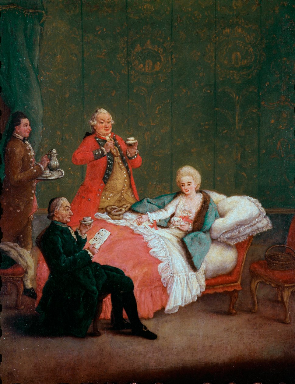 Ranní čokoládová mladá žena šlechty leží ve své posteli a obsluhují ji tři muži. Obraz Pietra Longhiho (1702-1785) 1775-1780. Ztlumit. 60x47 cm Ca 