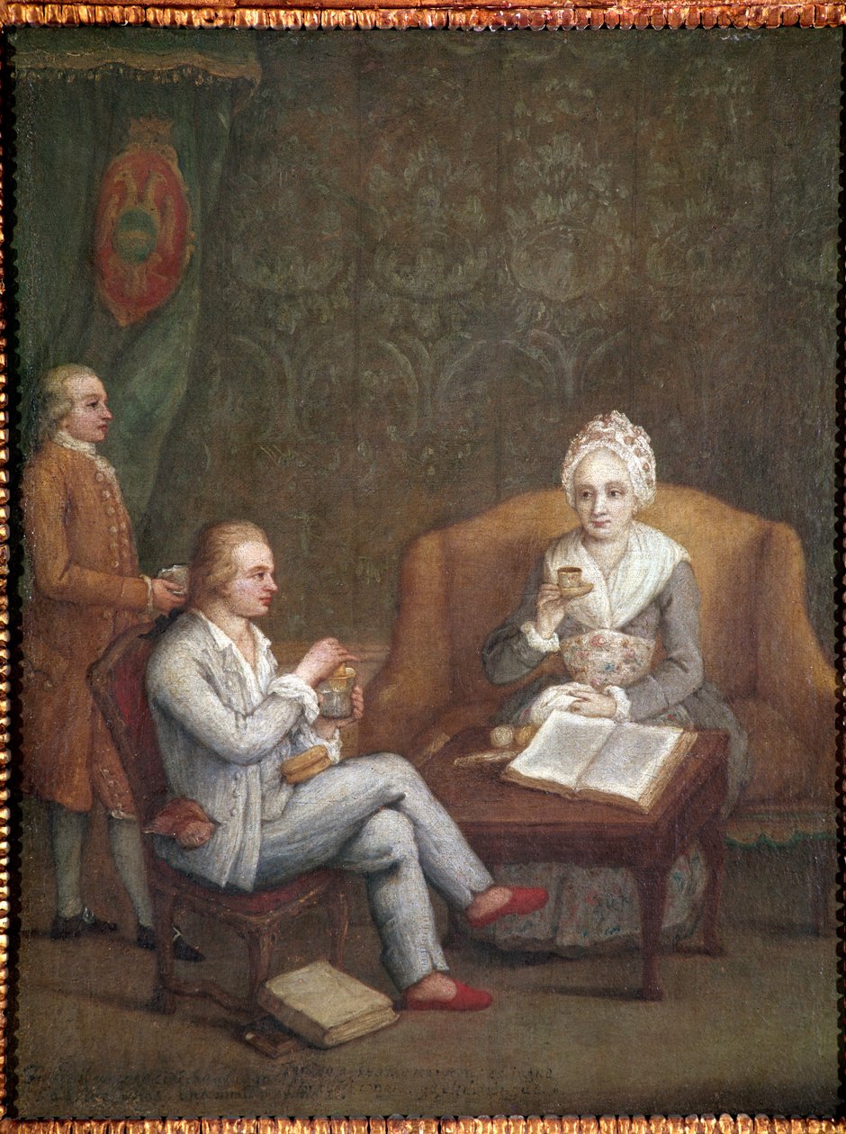 Portrét Adriany Giustinian se synem Gerolamem Ascaniem při horké čokoládě (Adriana Giustinian Barbarigo a její syn Gerolamo Ascanio při šálku čokolády) Malba Pietra Longhiho (1702-1785) cca 1779. Rozměr 58x45 cm Benátky, Ca 