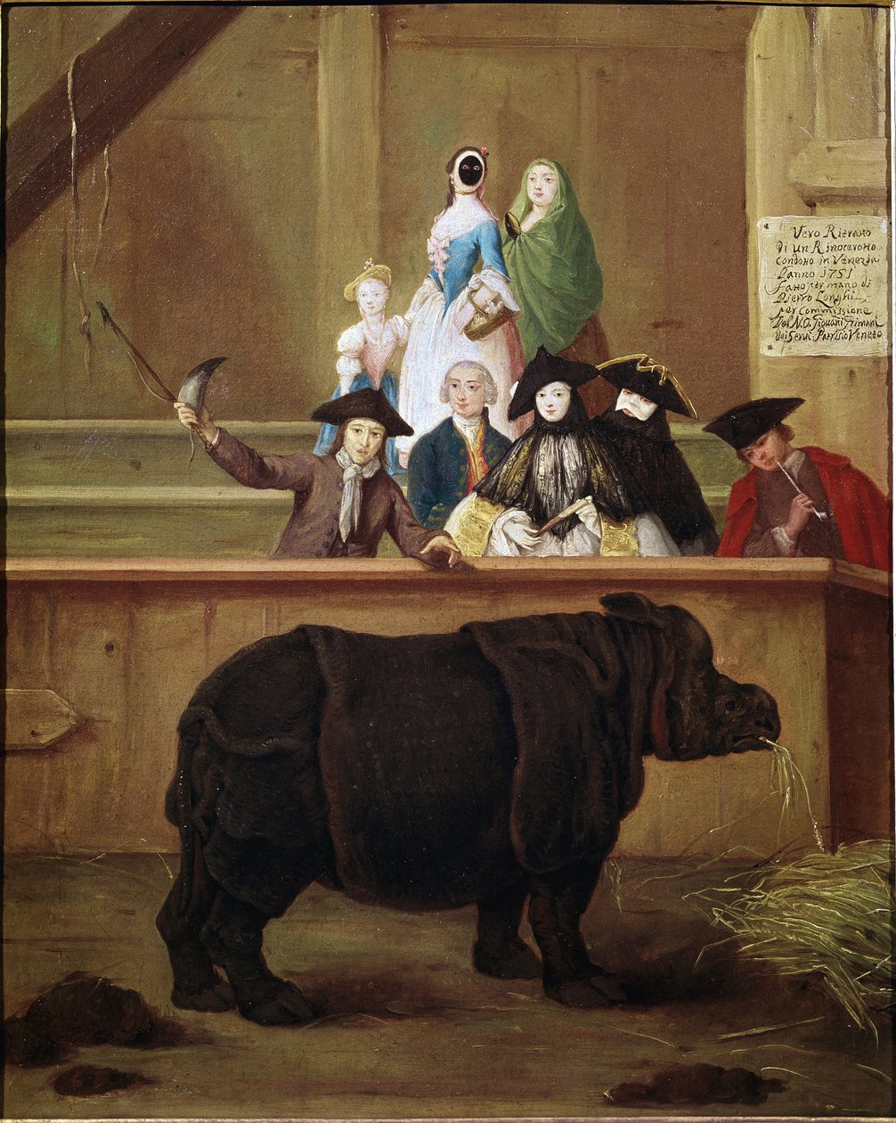 Nosorožec: výstava Clary, nosorožce indického. Obraz Pietra Longhiho (1702-1785). 1751. Benátské muzeum z 18. století. Ca 