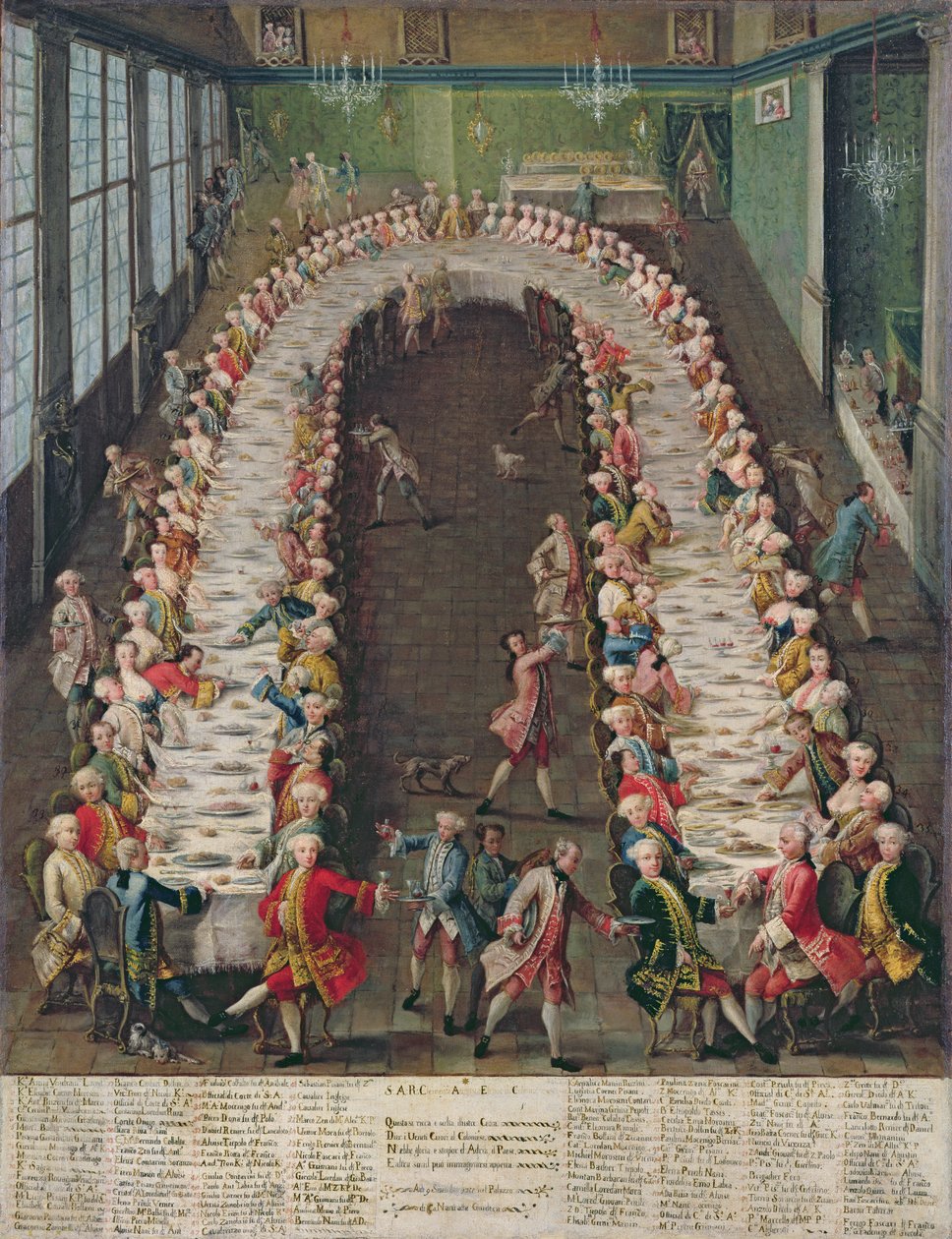Banket v Casa Nani, udělený na počest jejich hosta, Clemente Augusta, kurfiřta arcibiskupa z Kolína nad Rýnem, dne 9. září 1755 od Pietro Longhi