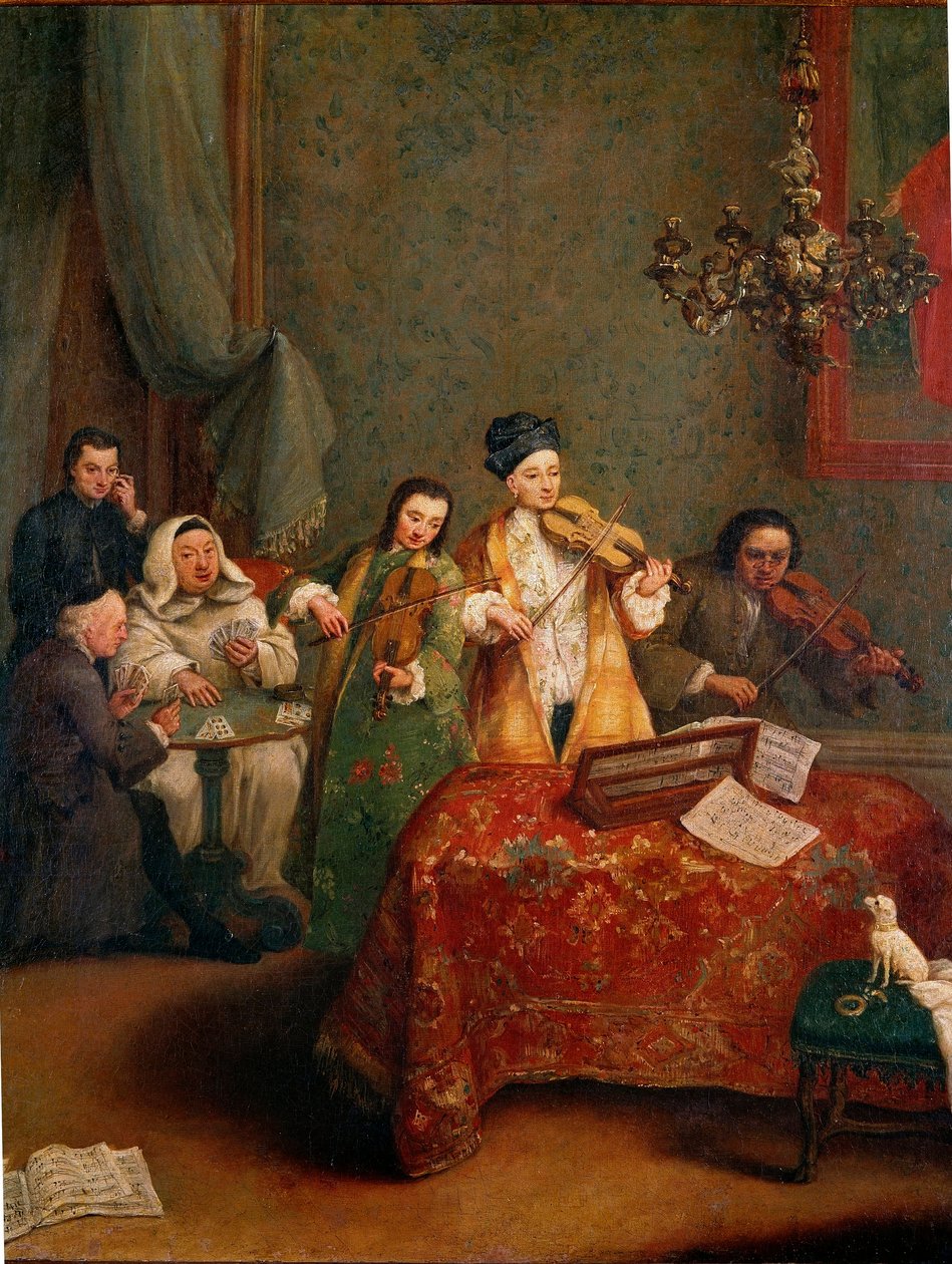 Koncert Trio houslistů. Obraz Pietra Longhiho (1702-1788) Benátky 18. století, Galleria dell