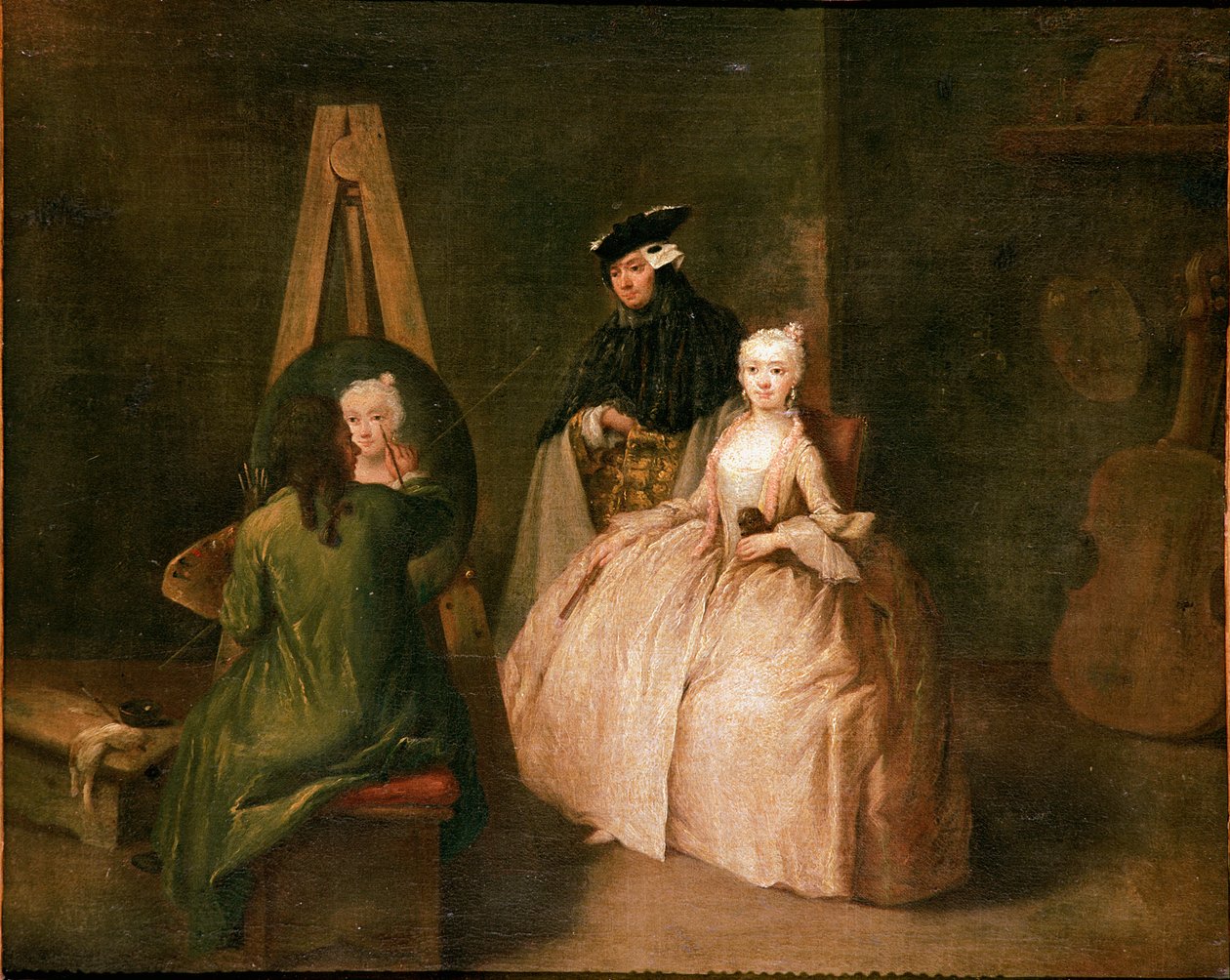 Malířský ateliér Malíř před stojanem zobrazuje mladou ženu. Obraz Pietra Longhiho (1702-1785) 1740-1745 Ne. 44x53 cm Benátky, Ca 
