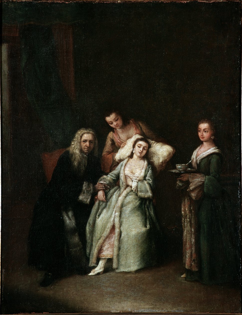 Nemocná Návštěva lékaře, který měří tep nemocných Malba Pietra Longhiho (1702-1785) 1741 Rozměr 52x41 cm Benátky, Ca Rezzonico, č. 134 od Pietro Longhi