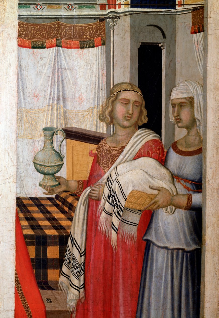 Narození panny, detail porodních asistentek s rodičkou - Malba na dřevo od Pietro Lorenzetti