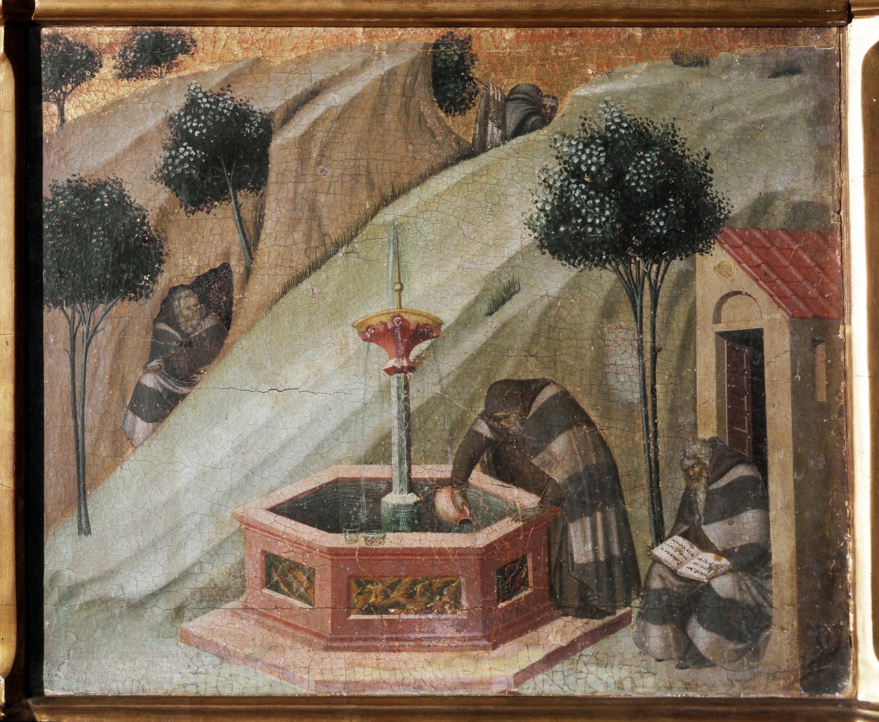 Detail oltářního obrazu Karmel: poustevník s fontánou Eliáše - Freska od Pietro Lorenzetti