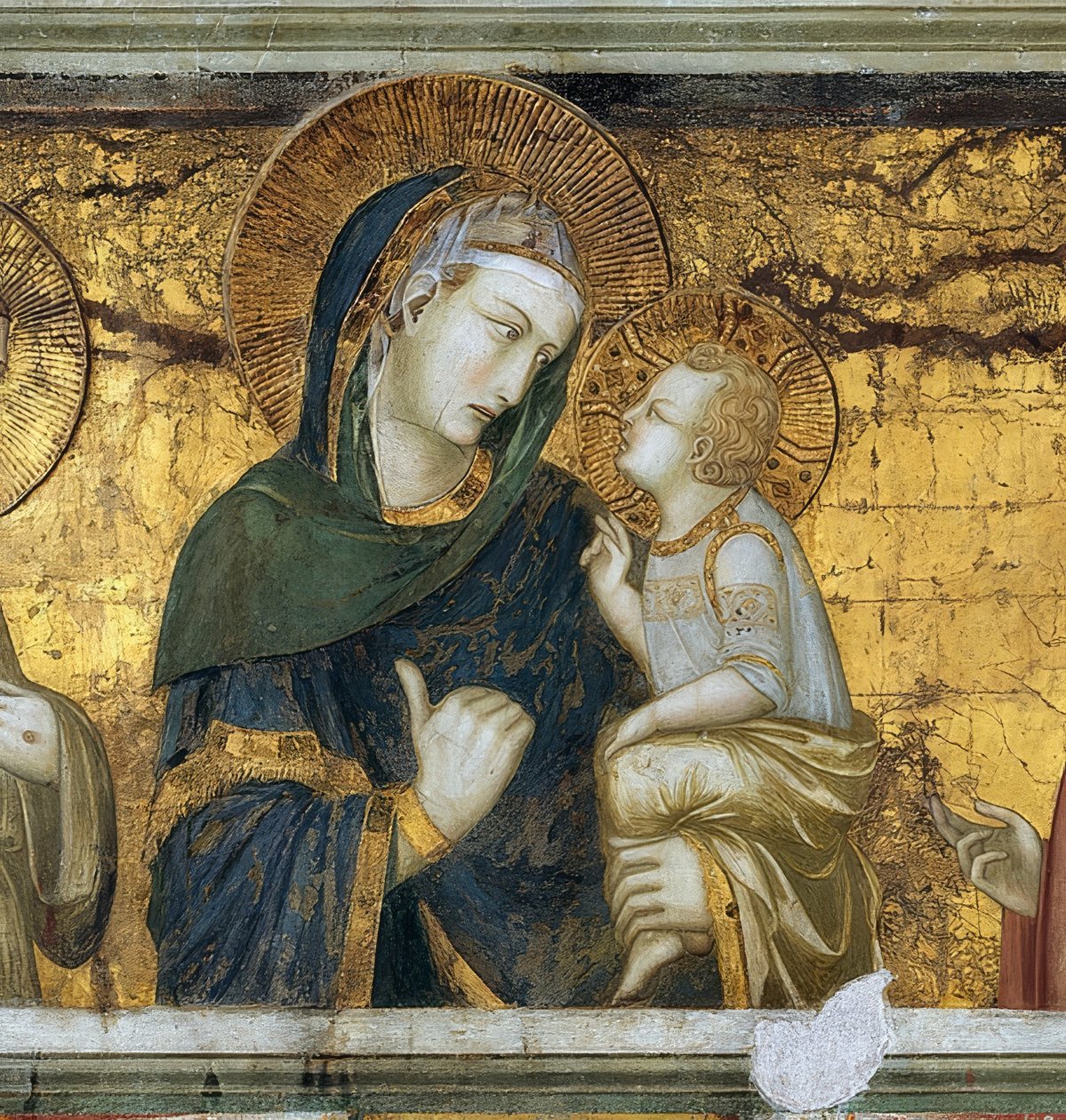 Panna s dítětem mezi Františkem z Assisi a Janem Evangelistou. Detail. 1315-1319 od Pietro Lorenzetti