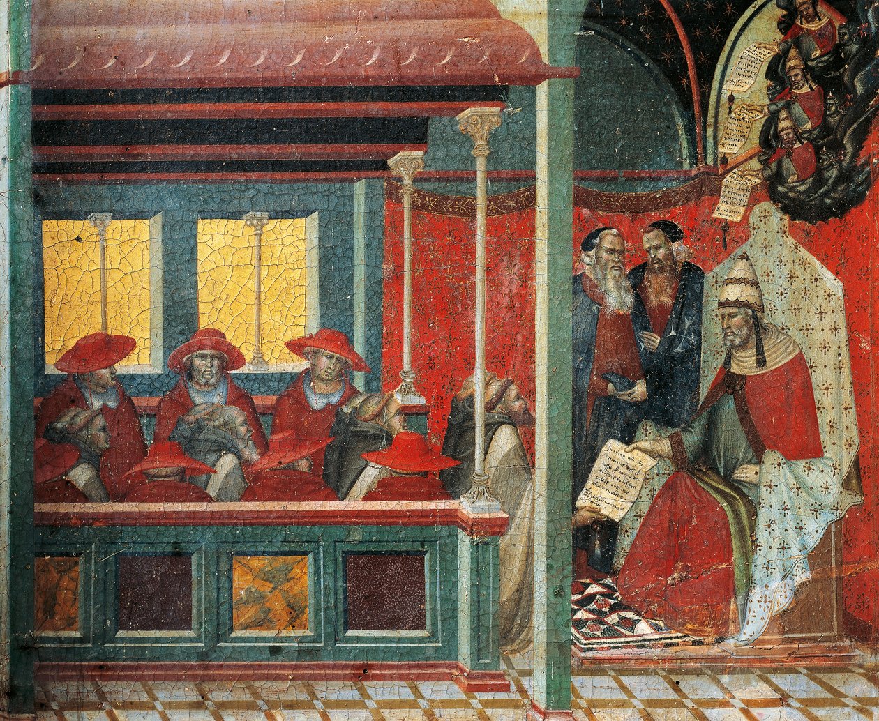 Honorius III schvalující karmelitánské pravidlo, detail z predely oltářního obrazu pro Carmine, od Pietra Lorenzettiho (kolem 1280-1348), tempera a zlato na dřevěné desce od Pietro Lorenzetti
