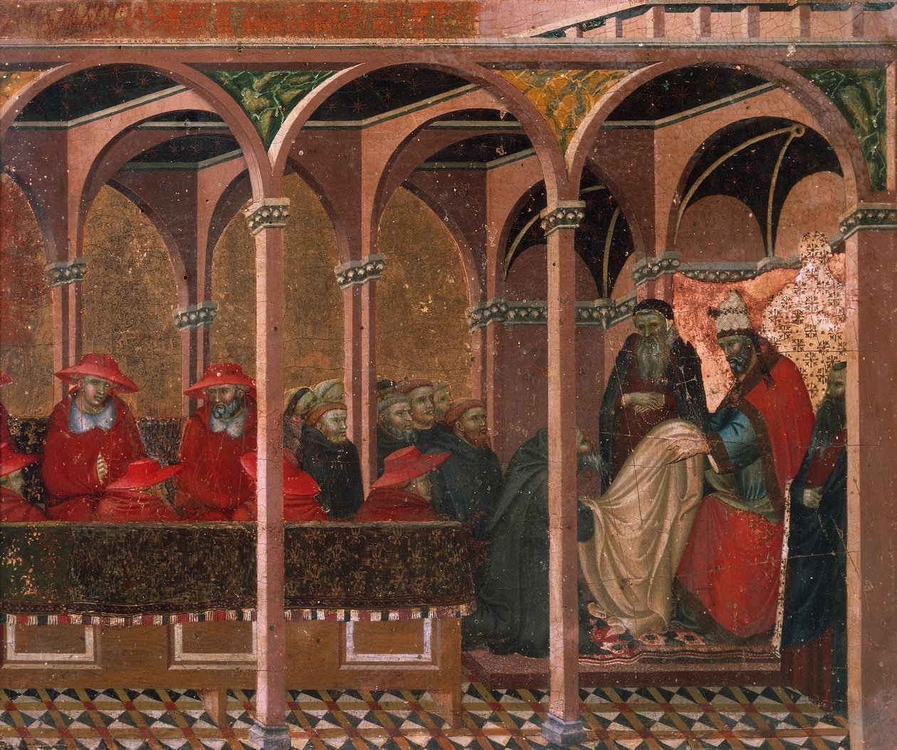 Honorius III schvalující karmelitánské pravidlo, detail z predely oltářního obrazu pro Carmine od Pietra Lorenzettiho (kolem 1280-1348), tempera a zlato na dřevěné desce od Pietro Lorenzetti