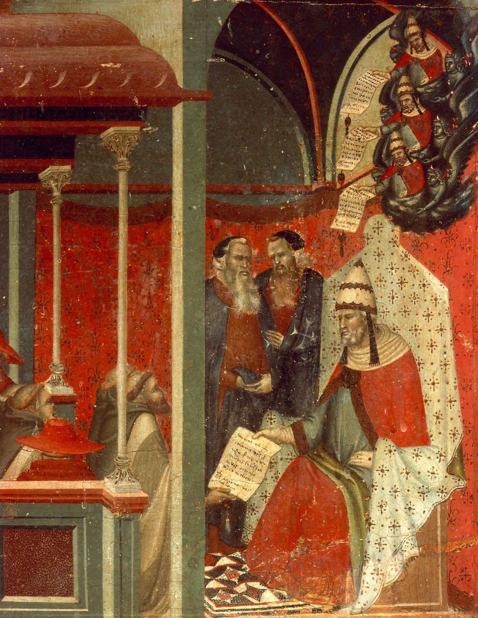 Honorius III schvalující karmelitánskou vládu, detail z predely oltářního obrazu pro Carmine, od Pietra Lorenzettiho (asi 1280-1348), tempera a zlato na dřevěné desce od Pietro Lorenzetti