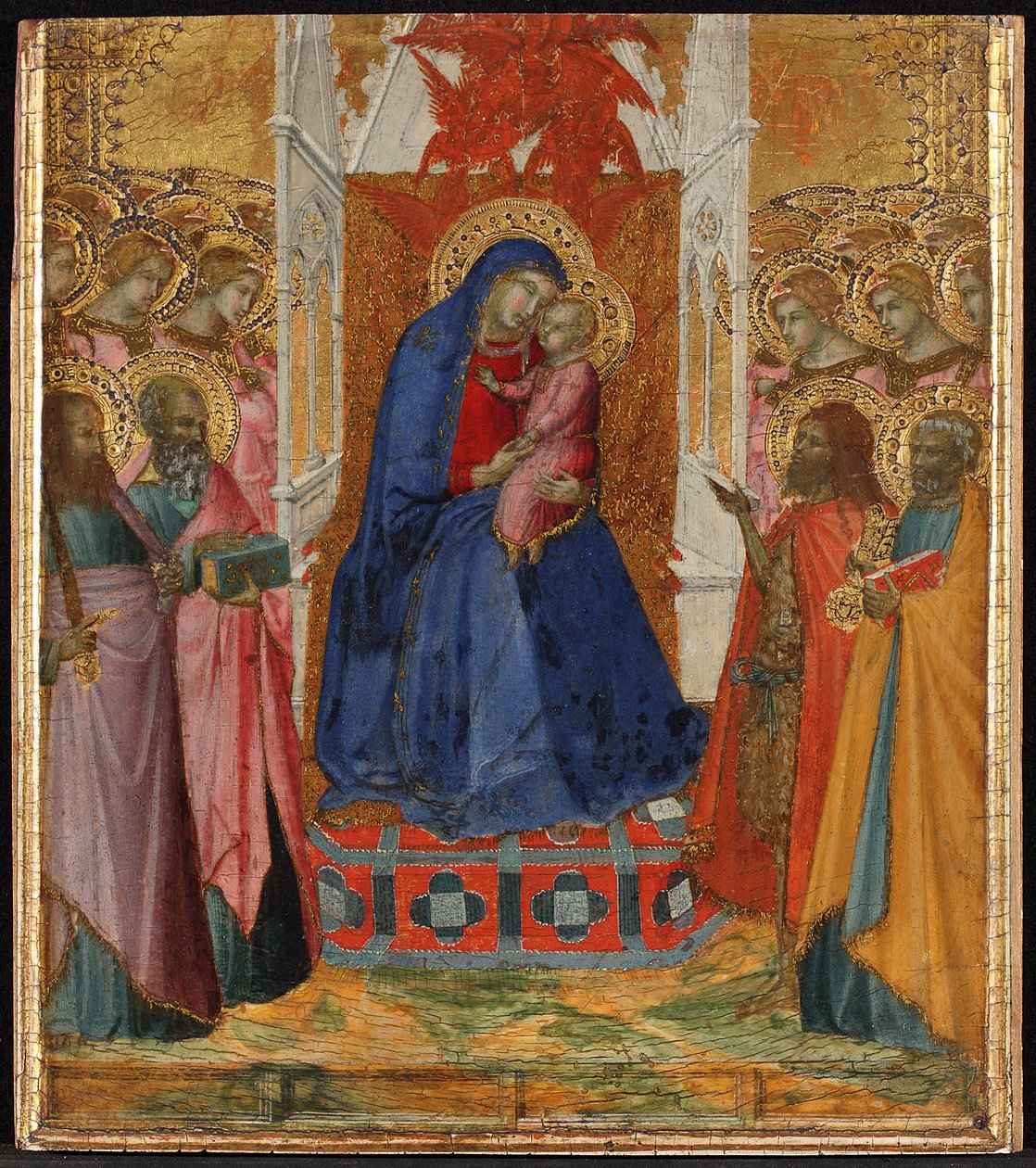 Maria auf dem Thron mit dem Kind, anbetende Engel und Heilige Paulus, Johannes der Evangelist, Johannes der Täufer und Petrus od Pietro Lorenzetti