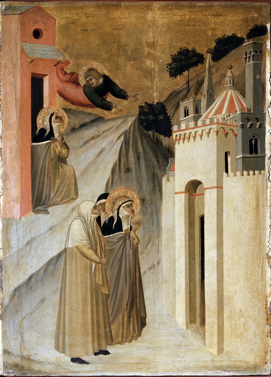 Svatá Pokora přijíždí do Florencie (detail polyptychového života Svaté Pokory) - Detrempe na dřevě od Pietro Lorenzetti