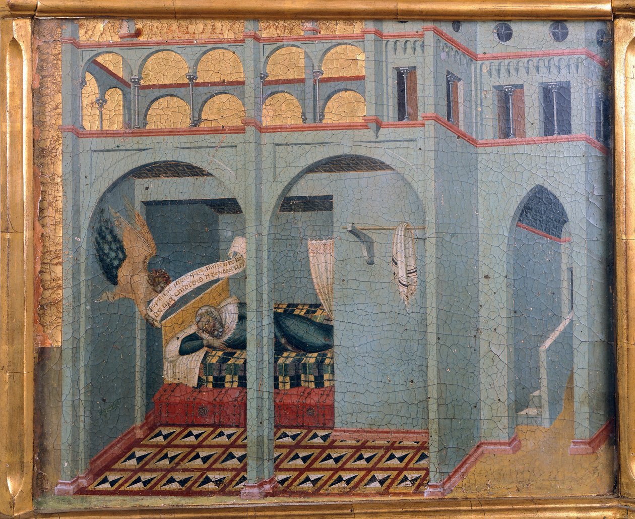 Sobac, sen Eliášova otce, detail z predely karmínového oltáře od Pietra Lorenzettiho (kolem 1280-cca 1348), tempera a zlato na dřevě od Pietro Lorenzetti