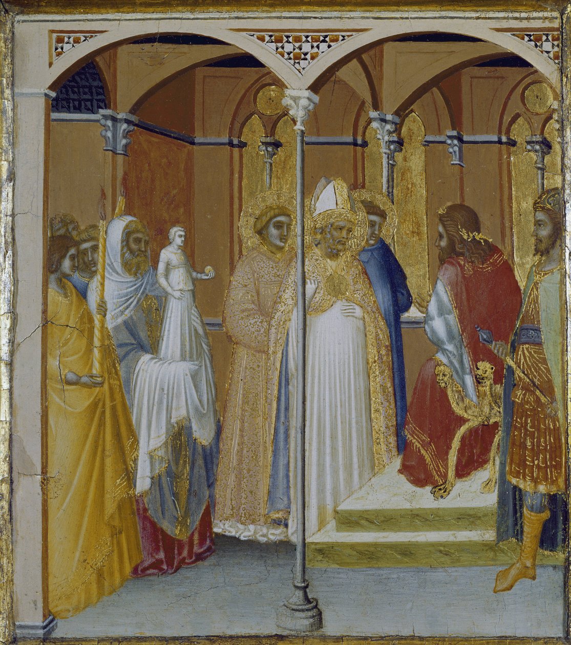 StSabina ze Spolete před guvernérem Toskánska Venustiano (tempera a plátkové zlato na dřevě od Pietro Lorenzetti