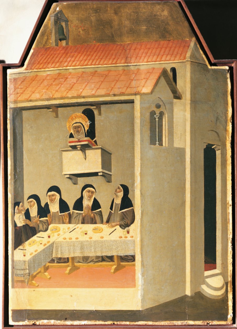 Blahoslavená pokora zázračně dokáže číst v refektáři Santa Perpetua, dlaždice z oltářního obrazu Blahoslavené pokory od Pietra Lorenzettiho (asi 1280-1348), tempery a zlato na dřevě od Pietro Lorenzetti