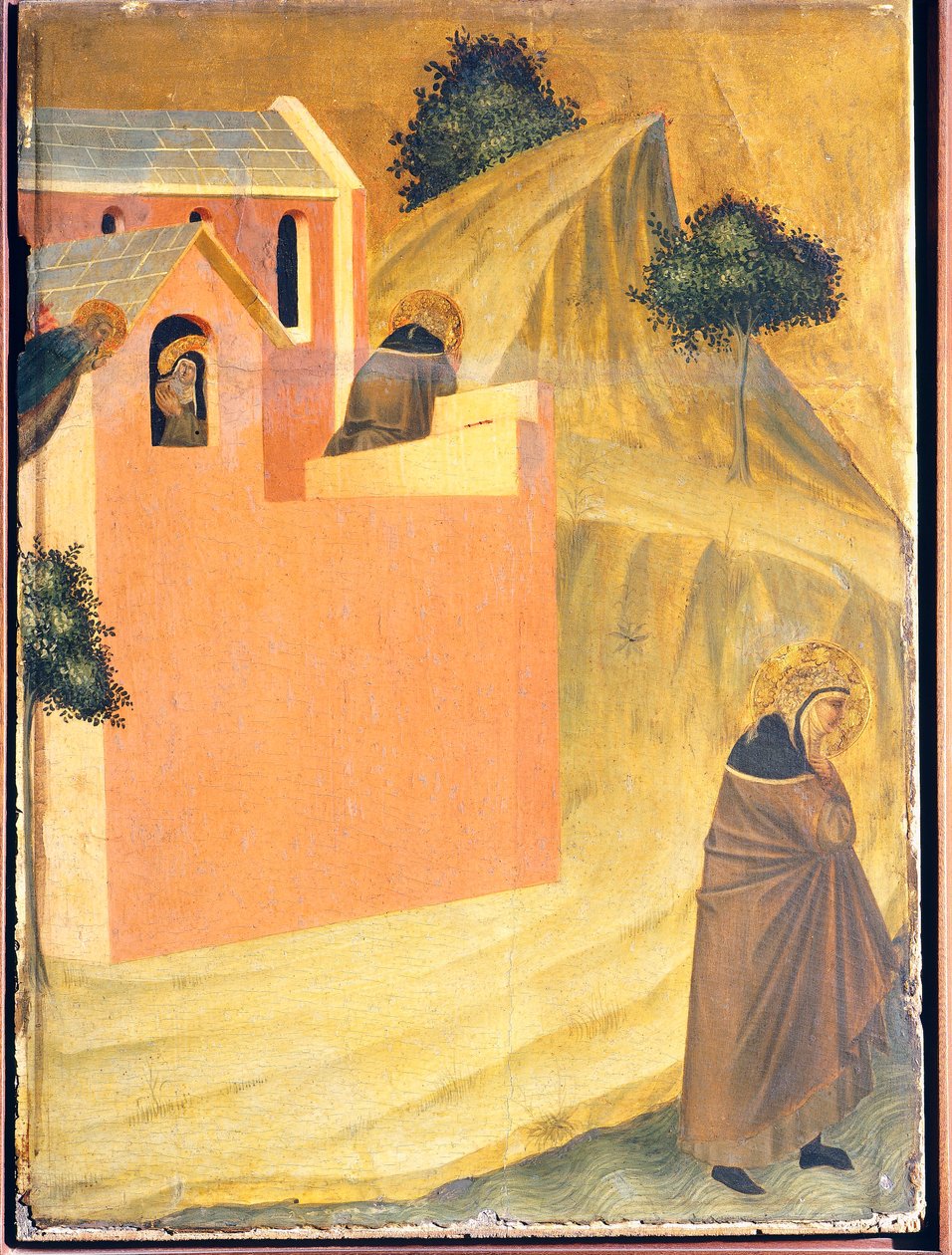 Blahoslavený uteče z kláštera a překročí řeku Lamone, dlaždice na oltářním obraze Blahoslavené pokory, od Pietra Lorenzettiho (asi 1280-1348), tempera a zlato na dřevěné desce. od Pietro Lorenzetti
