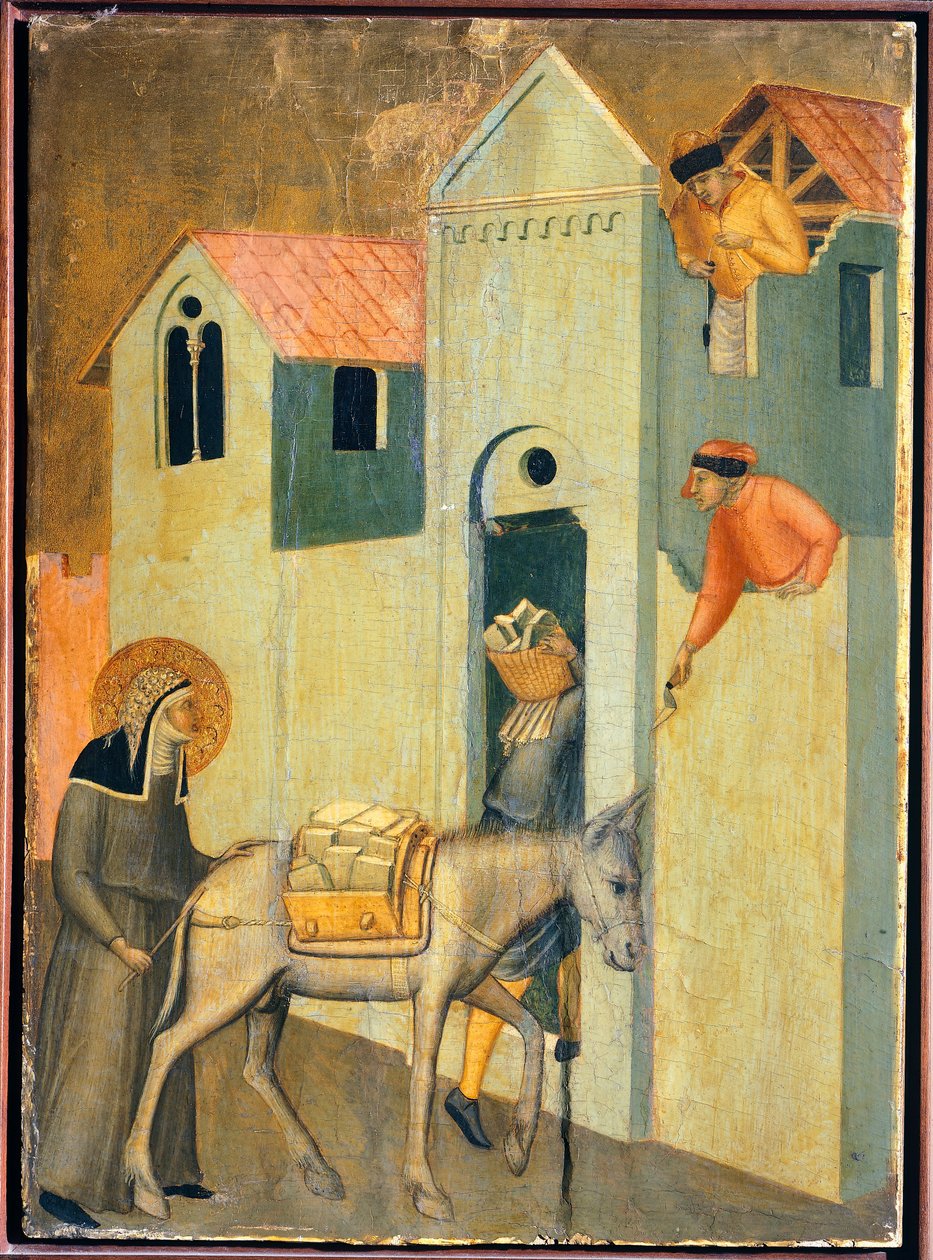 Blahoslavený jde prosit o materiál na stavbu kláštera, dlaždice z oltářního obrazu Blahoslavené pokory od Pietra Lorenzettiho (asi 1280-1348), tempera a zlato na dřevěné desce. od Pietro Lorenzetti