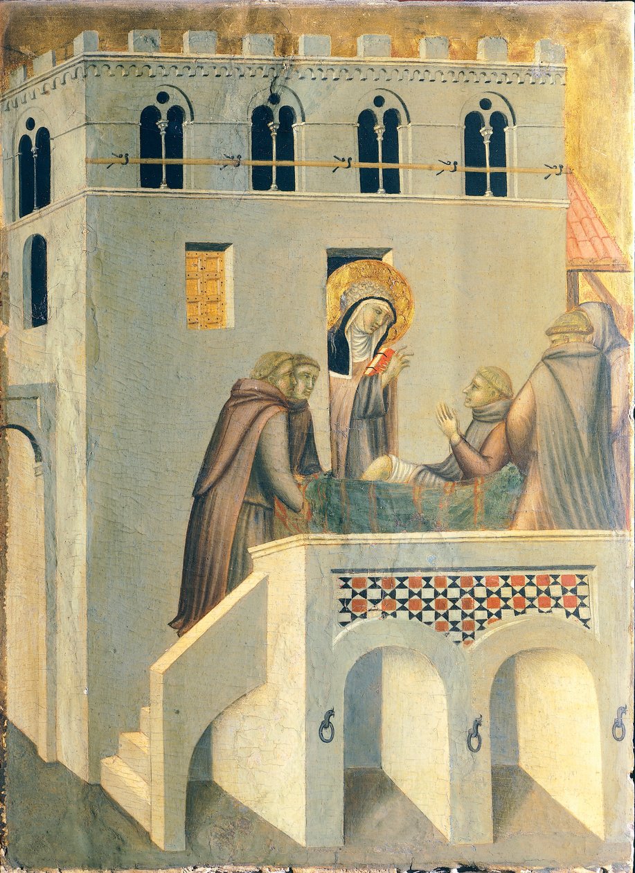 Blahoslavený léčí nohu mnicha z opatství Vallombrosa, dlaždice z oltářního obrazu Blahoslavené pokory, od Pietra Lorenzettiho (asi 1280-1348), tempera a zlato na dřevěné desce. od Pietro Lorenzetti