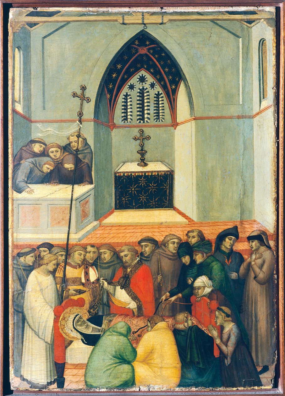 Exhumované tělo blahoslaveného se nachází neporušené a čerstvé, dlaždice na oltářním obraze Blahoslavené Pokory od Pietra Lorenzettiho (asi 1280-1348), tempera a zlato na dřevěné desce. od Pietro Lorenzetti