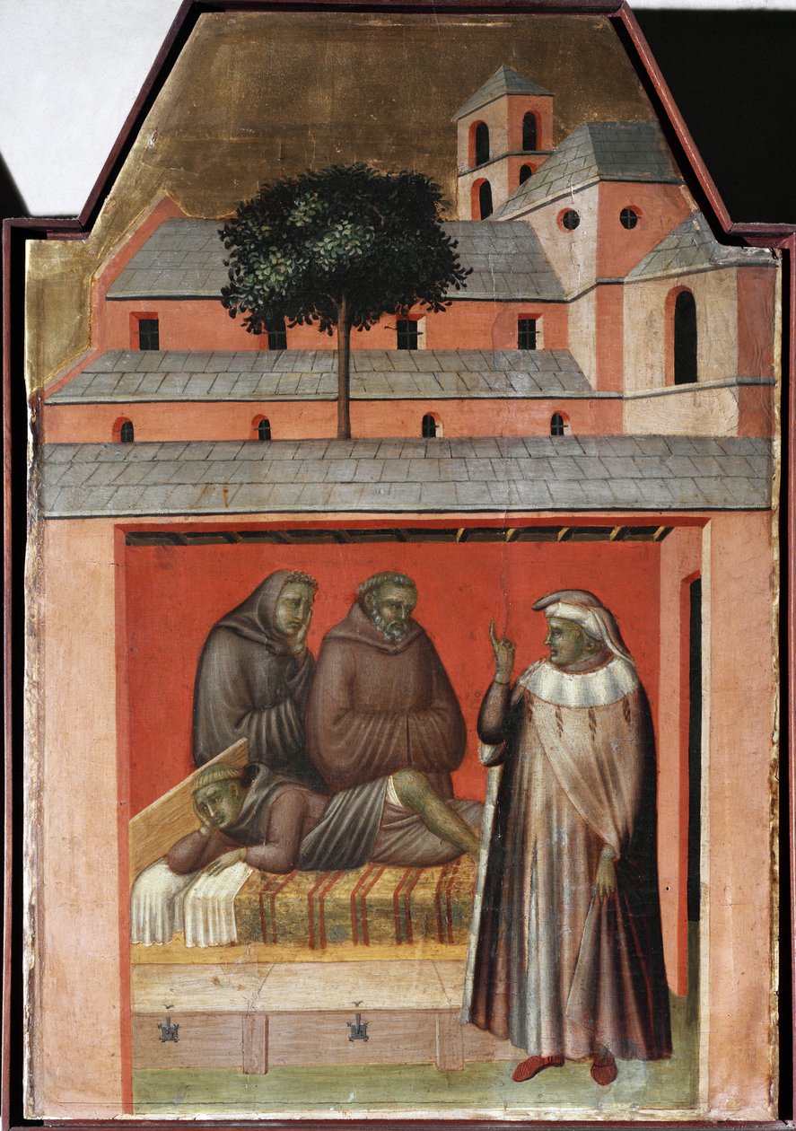 Světec přináší cihly na stavbu nového kláštera ve Florencii (detail života polyptychů svaté Pokory) - Detrempe na dřevě od Pietro Lorenzetti