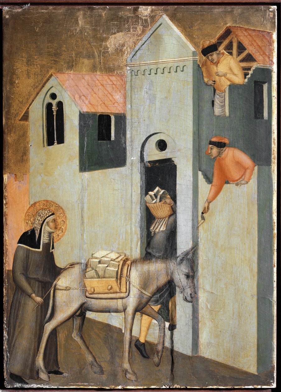 Světec přináší cihly na stavbu nového kláštera ve Florencii (detail polyptychového života svaté Pokory) - Detrempe na dřevě od Pietro Lorenzetti