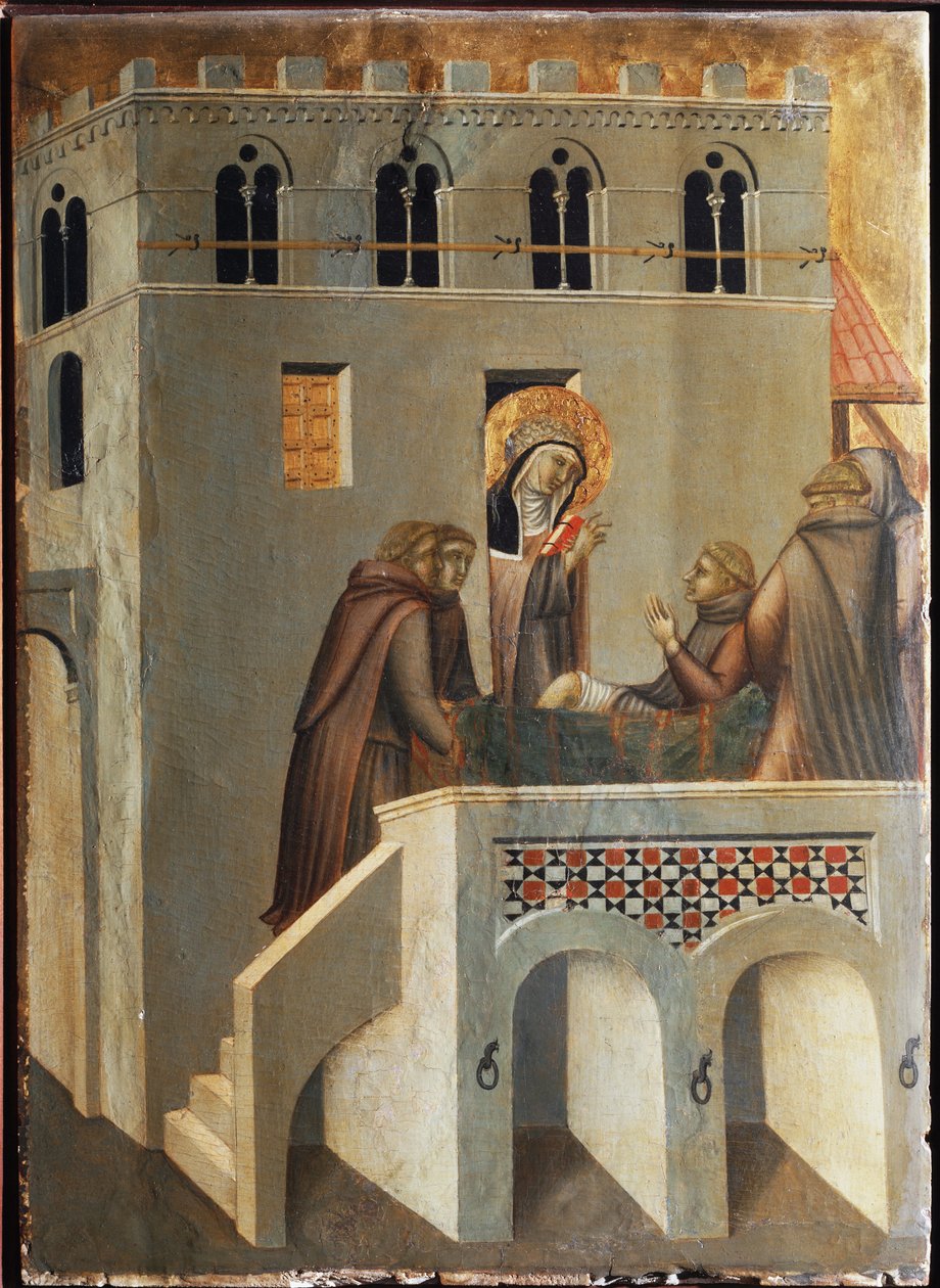 Světec léčí nohu mnicha (Polyptych života svaté Pokory) - Detrempe na dřevě 14. stol. od Pietro Lorenzetti