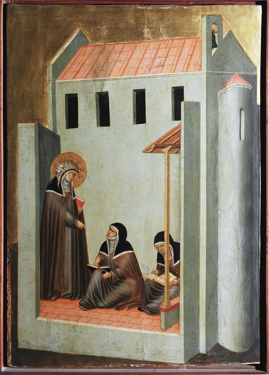 Světice diktuje svá kázání (Polyptych života svaté Pokory) - Detrempe na dřevě 14. stol. od Pietro Lorenzetti