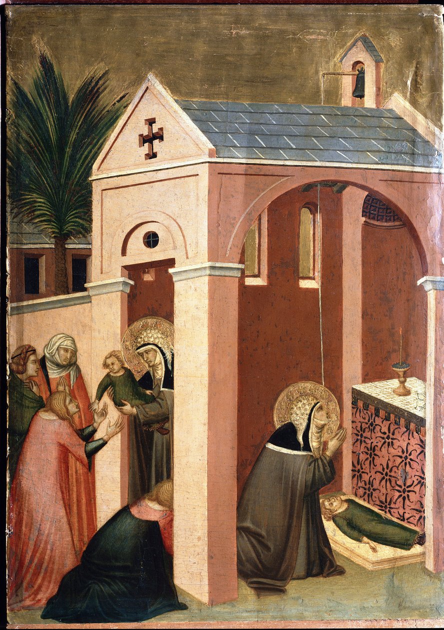 Světec křísí syna gentlemana (Polyptych života svaté Pokory) - Detrempe na dřevě 14. stol. od Pietro Lorenzetti
