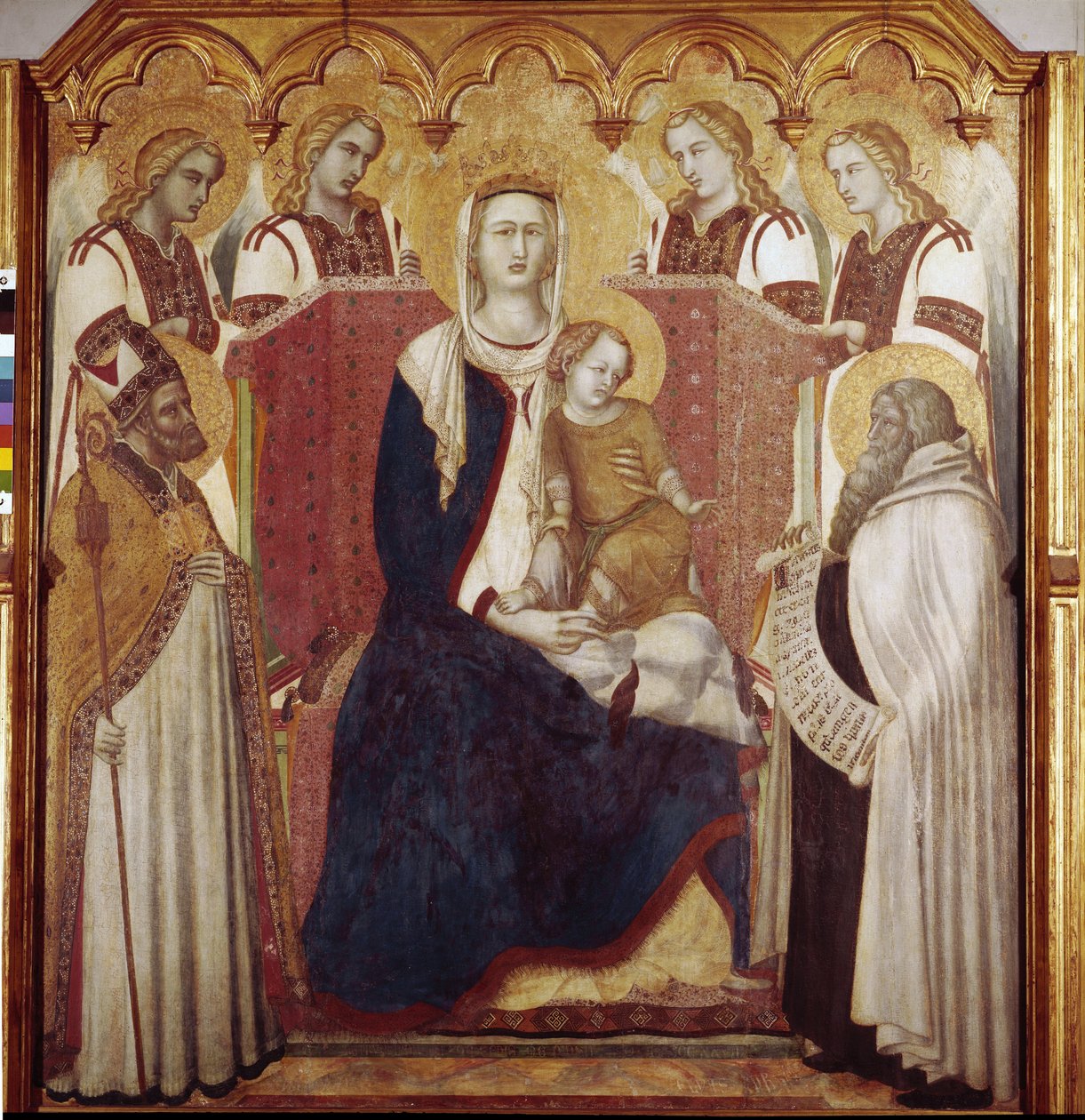Panna a dítě mezi svatým Mikulášem a svatým Eliášem. Centrální panel, oltář z Karmelu (tempera na dřevě od Pietro Lorenzetti