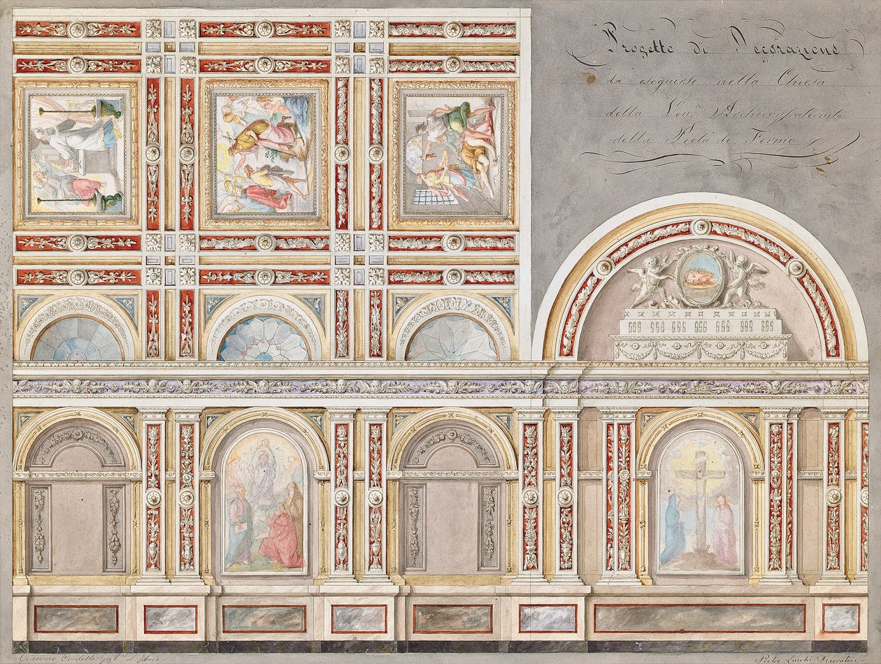 Studie fresky od Giacoma Cordelly v interiéru Chiesa della Pieta, Fermo (tužka, pero a hnědý inkoust & w / c na papíře) od Pietro Lucchini