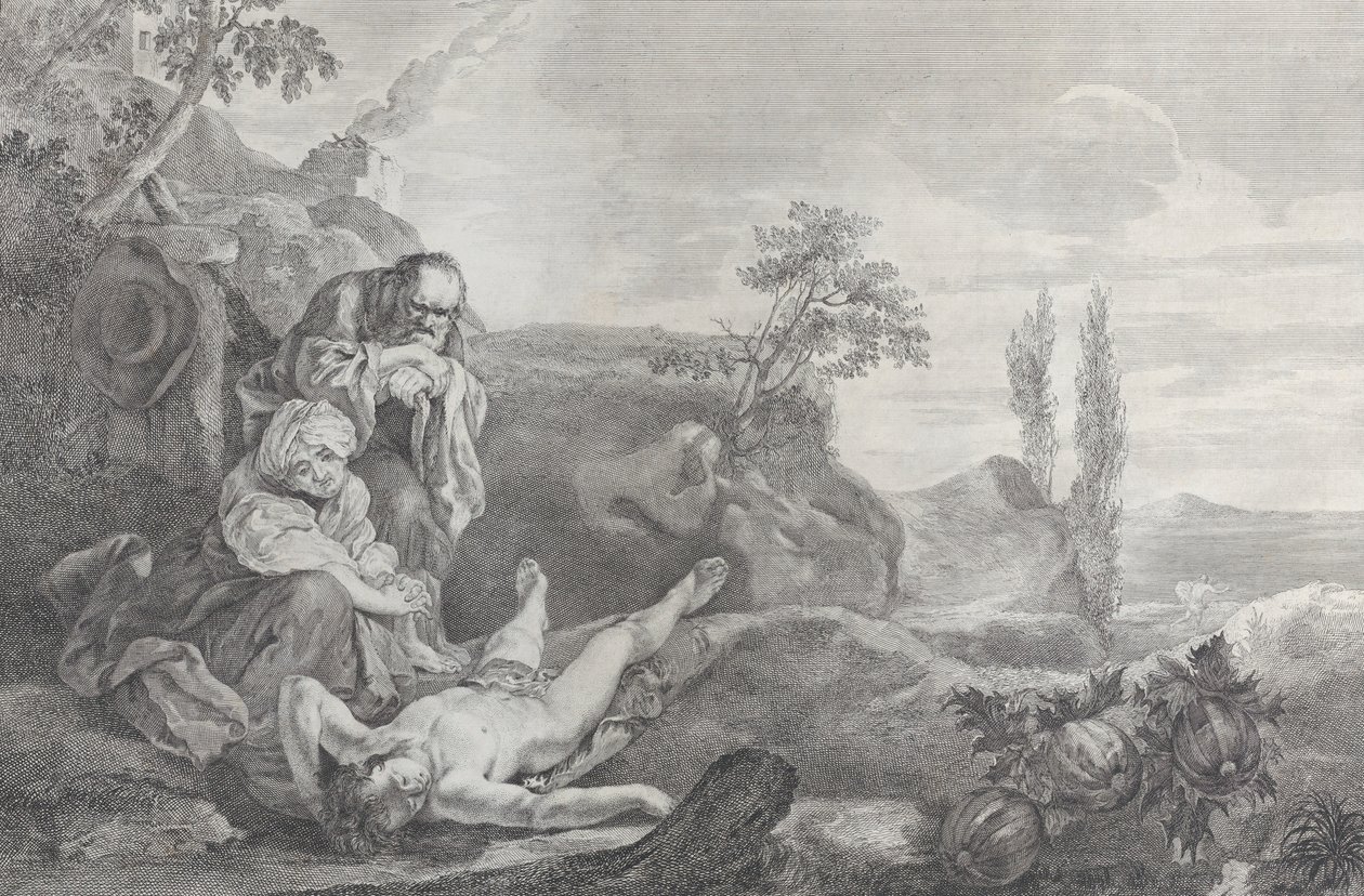 Adam a Eva vlevo, jako starší manželský pár, truchlící nad mrtvolou Ábela, který leží v..., 1743-63. od Pietro Monaco