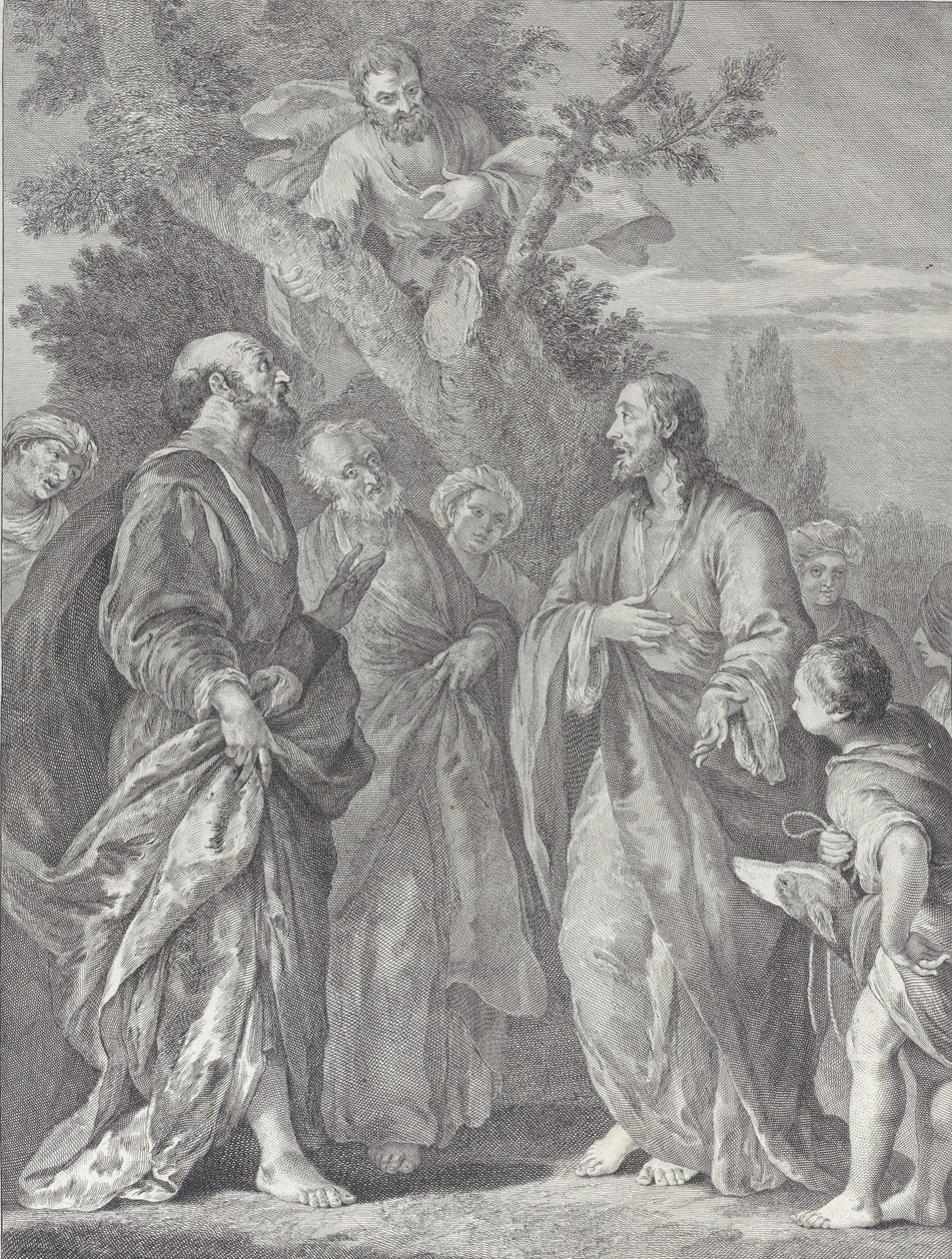Obrácení Zachea, s Kristem vpravo oslovujícím celníka, který je sídlem..., 1730-39. od Pietro Monaco