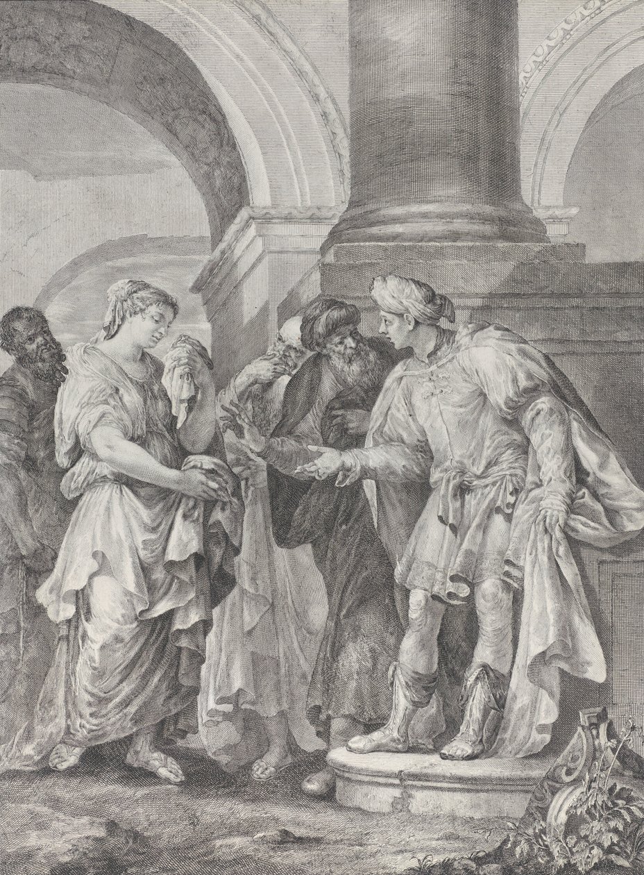 Daniel se hádá se staršími, zatímco Susanna stojí vlevo, 1732-50. od Pietro Monaco